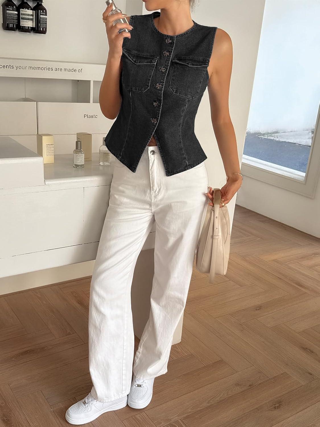 imageTankaneo Womens Going Out Denim Vest Tops Trendy Cropped Sleeveless Button Down Fitted Jean Tank Tops Y2K WaistcoatBlack