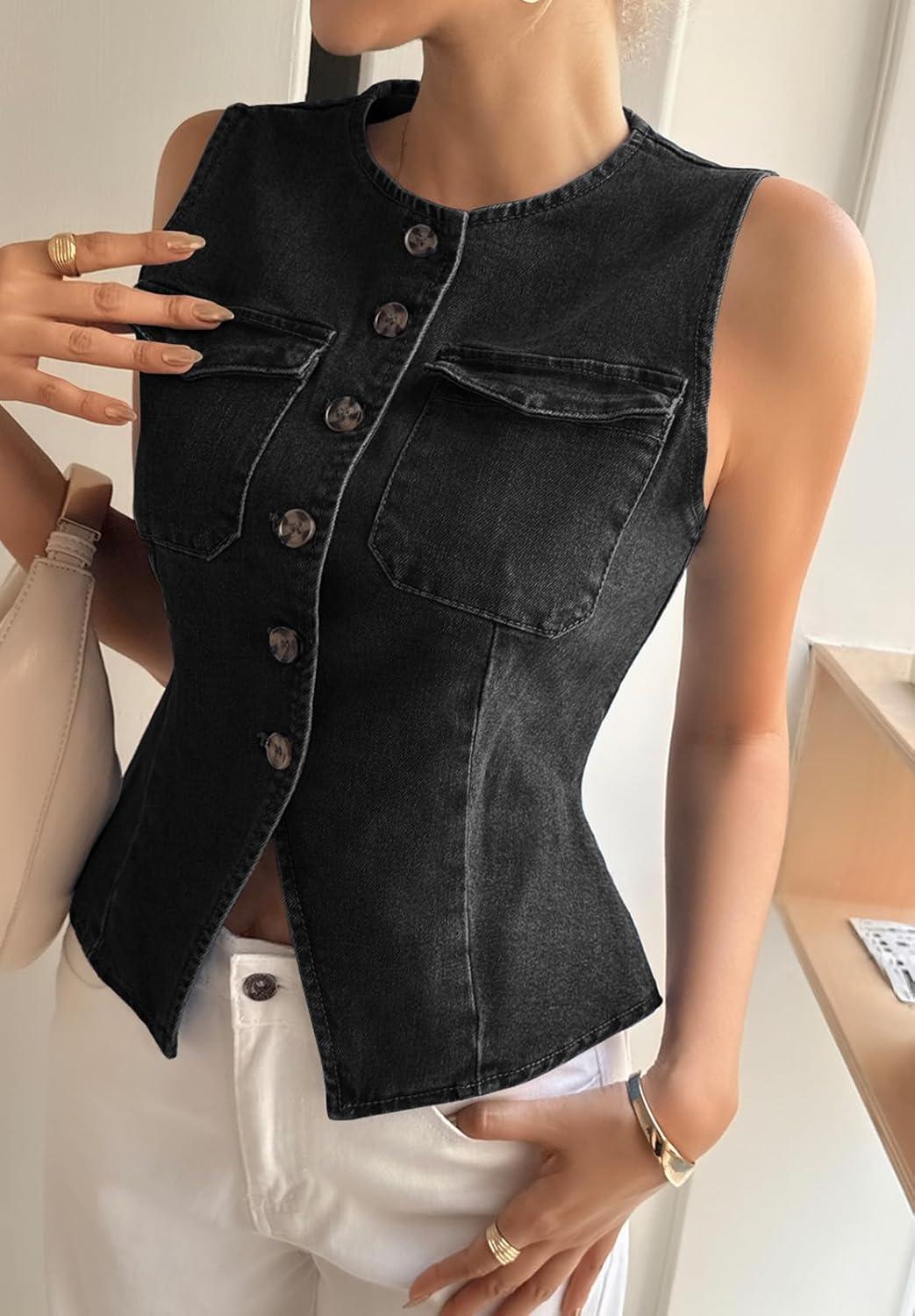 imageTankaneo Womens Going Out Denim Vest Tops Trendy Cropped Sleeveless Button Down Fitted Jean Tank Tops Y2K WaistcoatBlack