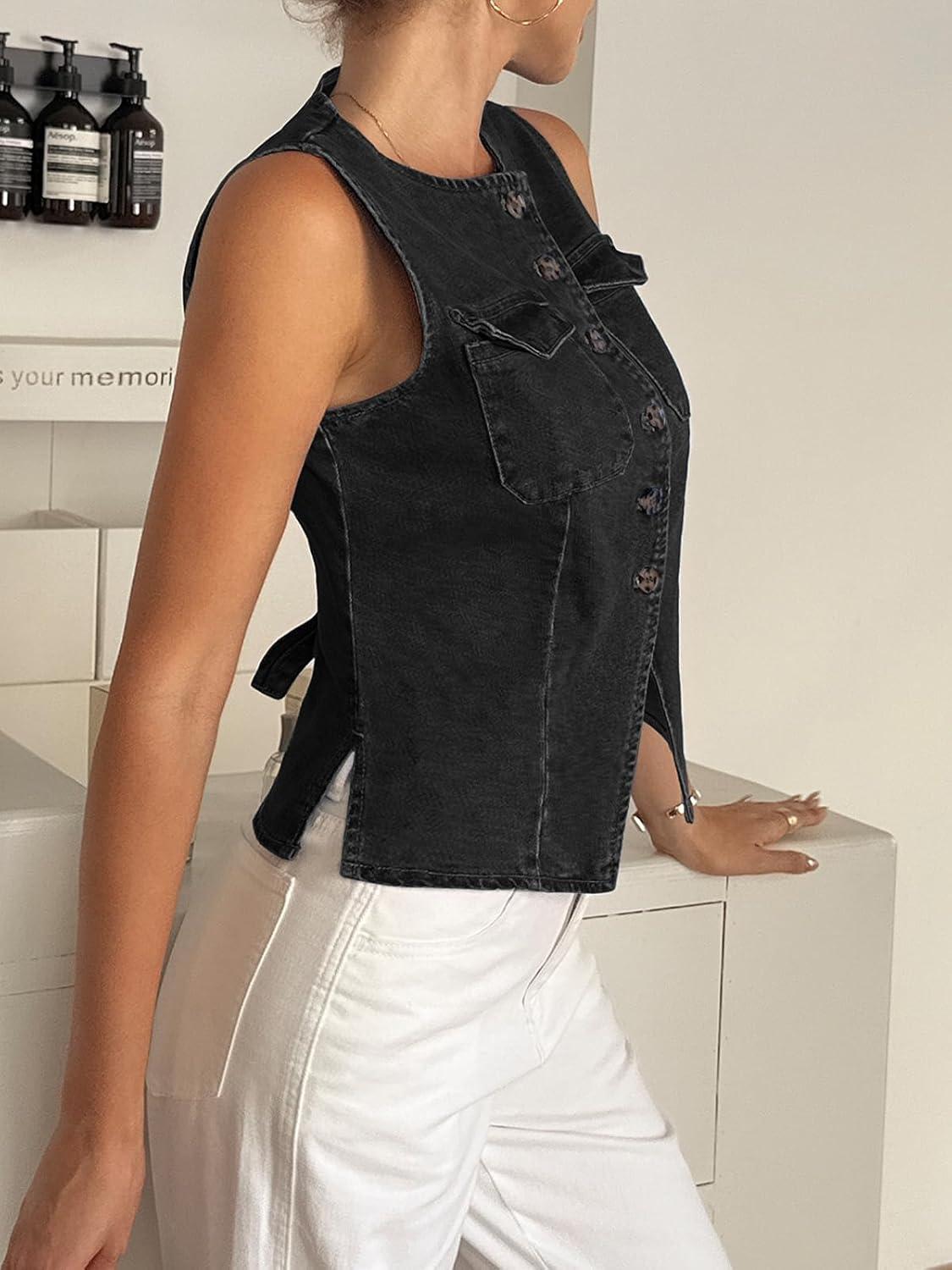 imageTankaneo Womens Going Out Denim Vest Tops Trendy Cropped Sleeveless Button Down Fitted Jean Tank Tops Y2K WaistcoatBlack