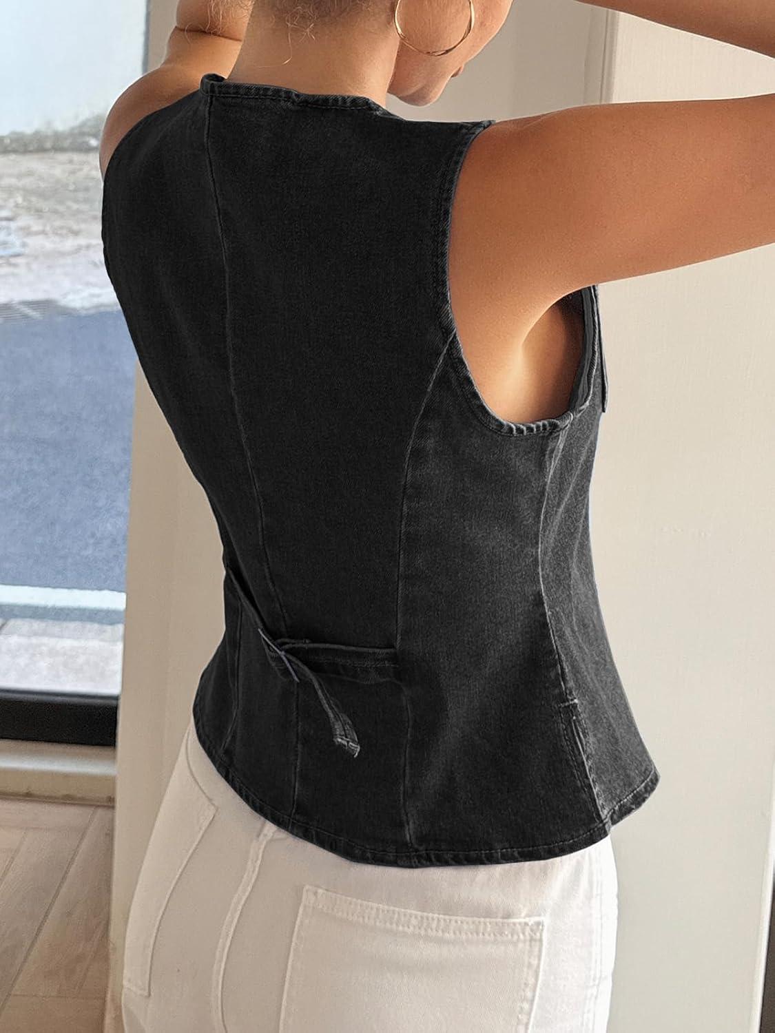 imageTankaneo Womens Going Out Denim Vest Tops Trendy Cropped Sleeveless Button Down Fitted Jean Tank Tops Y2K WaistcoatBlack
