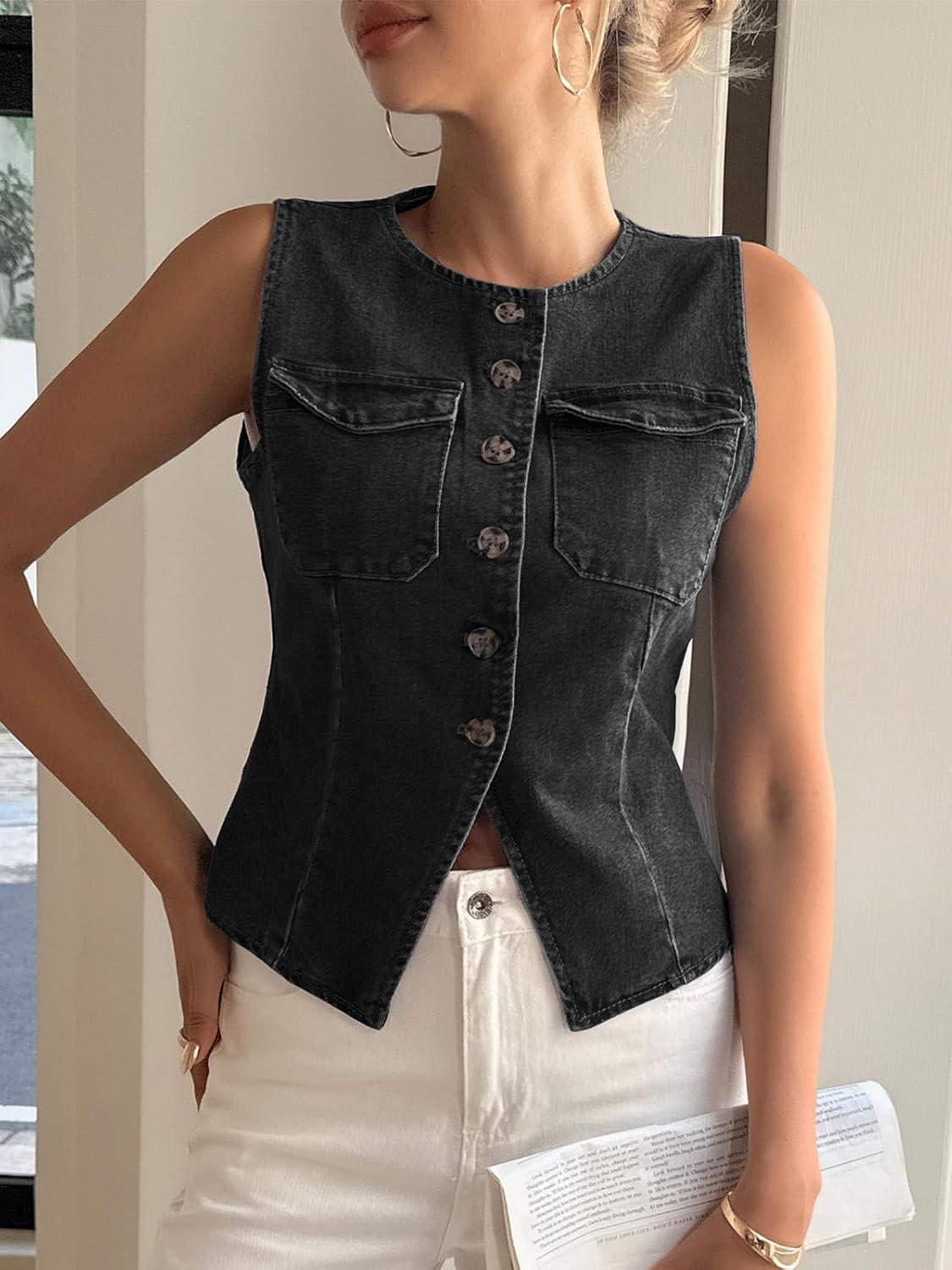 imageTankaneo Womens Going Out Denim Vest Tops Trendy Cropped Sleeveless Button Down Fitted Jean Tank Tops Y2K WaistcoatBlack