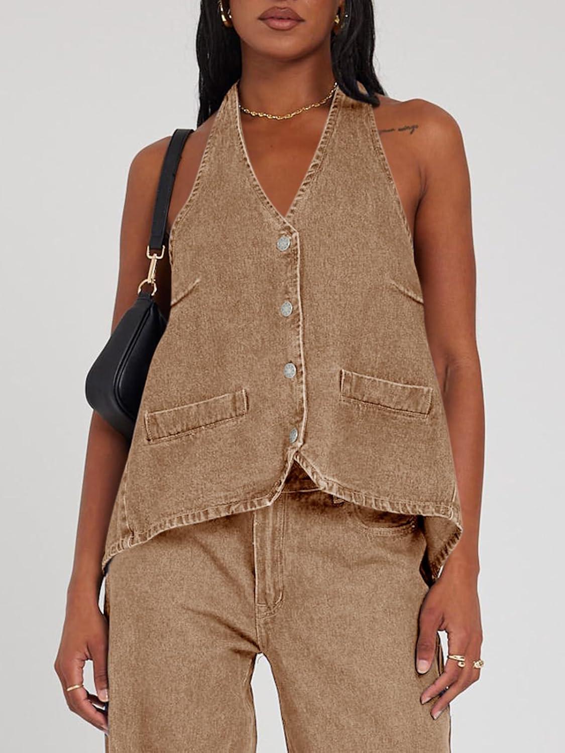 imageTankaneo Womens Halter Denim Vest Tops Summer Open Back Y2K Going Out Tank Tops V Neck Button Down Jean ShirtsBrown