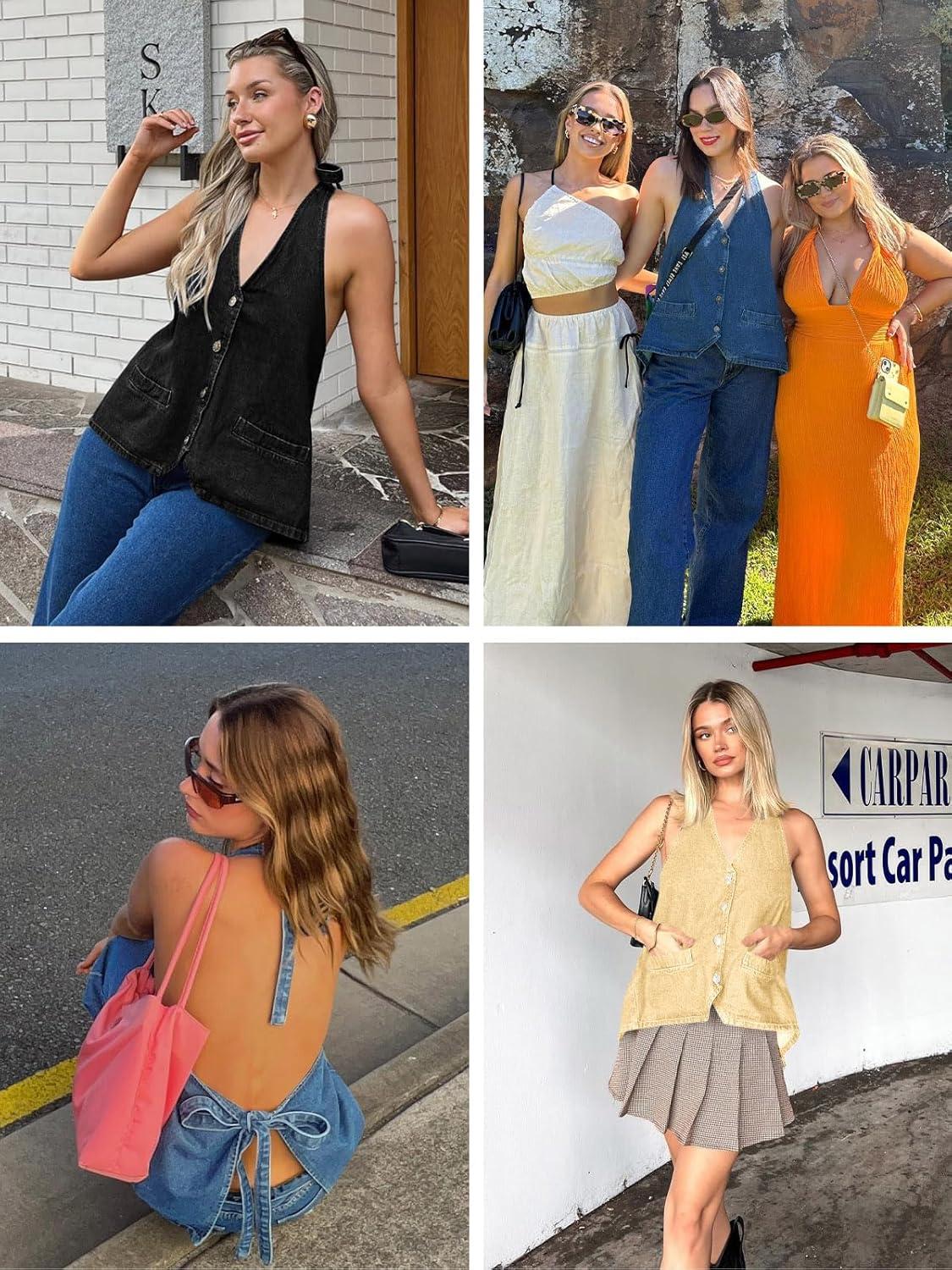 imageTankaneo Womens Halter Denim Vest Tops Summer Open Back Y2K Going Out Tank Tops V Neck Button Down Jean ShirtsNavy