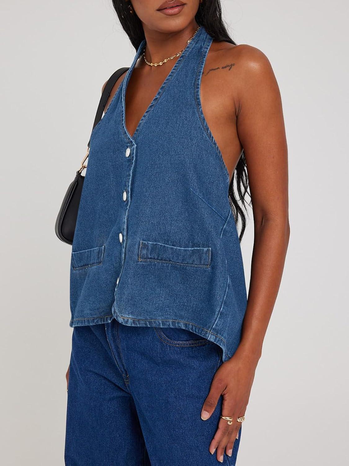 imageTankaneo Womens Halter Denim Vest Tops Summer Open Back Y2K Going Out Tank Tops V Neck Button Down Jean ShirtsNavy