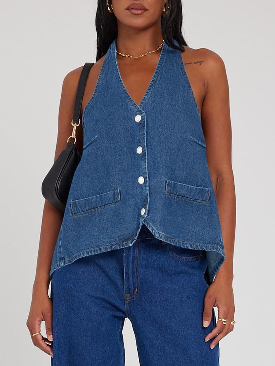imageTankaneo Womens Halter Denim Vest Tops Summer Open Back Y2K Going Out Tank Tops V Neck Button Down Jean ShirtsNavy