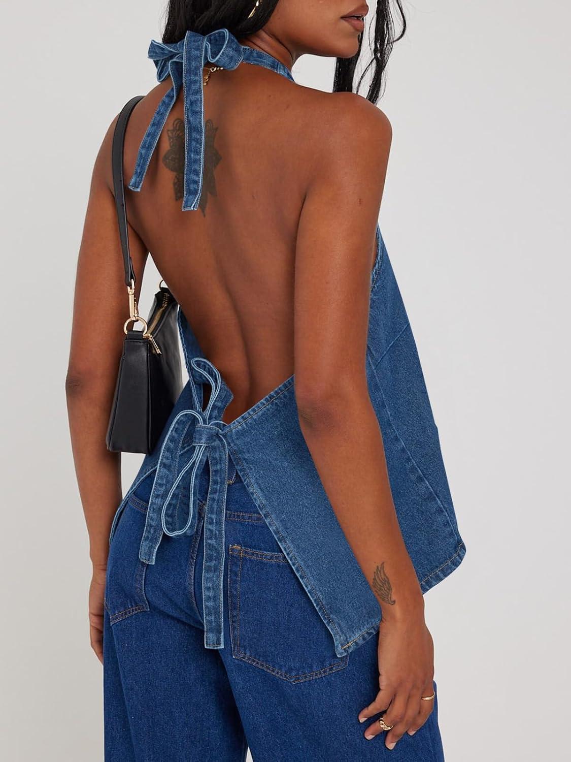 imageTankaneo Womens Halter Denim Vest Tops Summer Open Back Y2K Going Out Tank Tops V Neck Button Down Jean ShirtsNavy