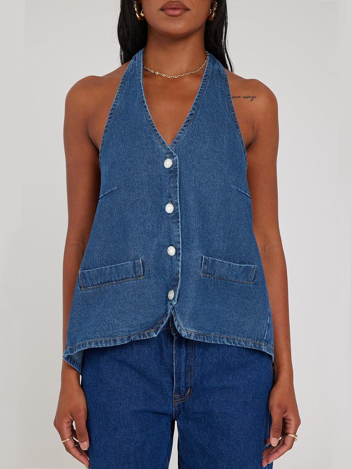 imageTankaneo Womens Halter Denim Vest Tops Summer Open Back Y2K Going Out Tank Tops V Neck Button Down Jean ShirtsNavy