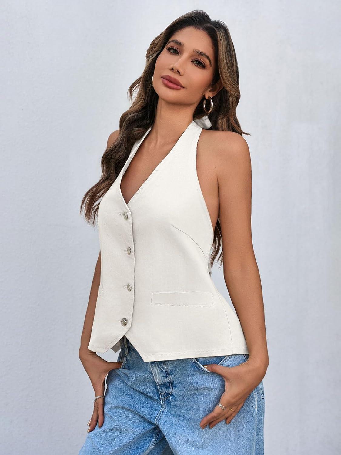 imageTankaneo Womens Halter Denim Vest Tops Summer Open Back Y2K Going Out Tank Tops V Neck Button Down Jean ShirtsWhite