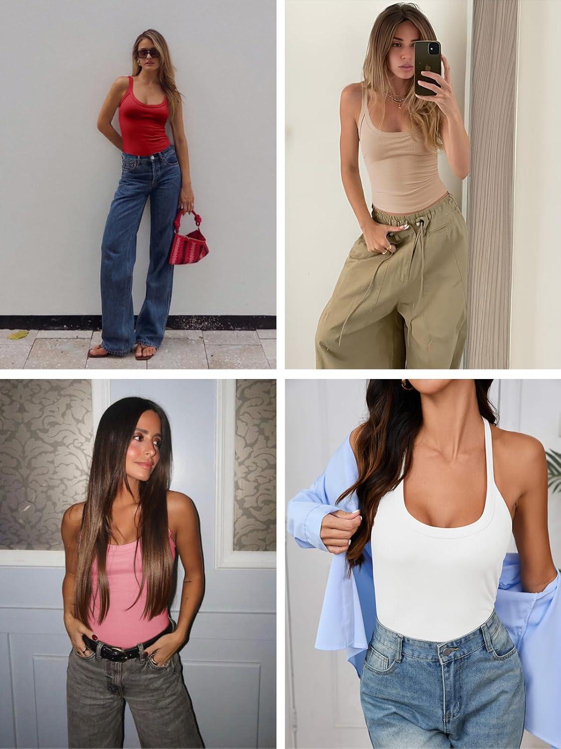 imageTankaneo Womens Halter Racerback Tank Tops Summer Low Cut Scoop Neck T Shirts Fitted Workout Knit Ribbed TeesRed