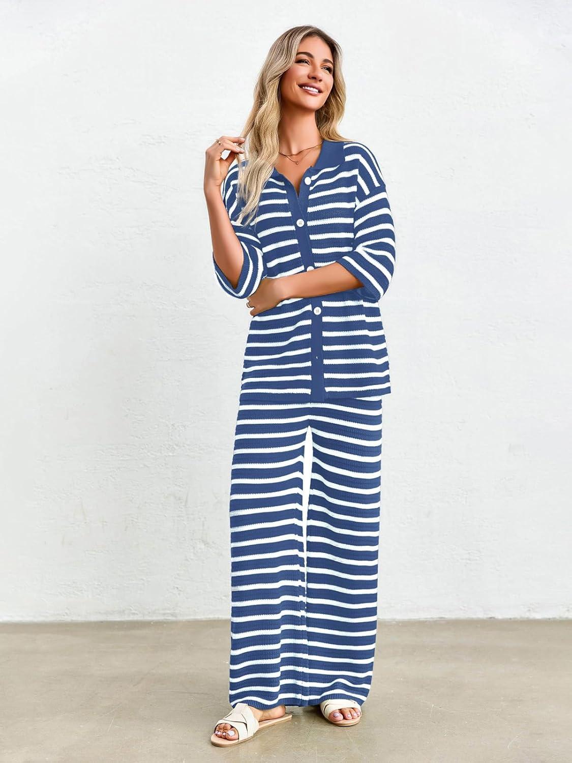 imageTankaneo Womens Knit 2 Piece Lounge Sets Striped Short Sleeve Tops and Wide Leg Pants Travel Airport Vacation OutfitsNavy