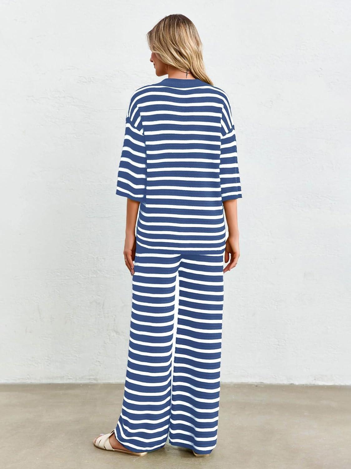 imageTankaneo Womens Knit 2 Piece Lounge Sets Striped Short Sleeve Tops and Wide Leg Pants Travel Airport Vacation OutfitsNavy