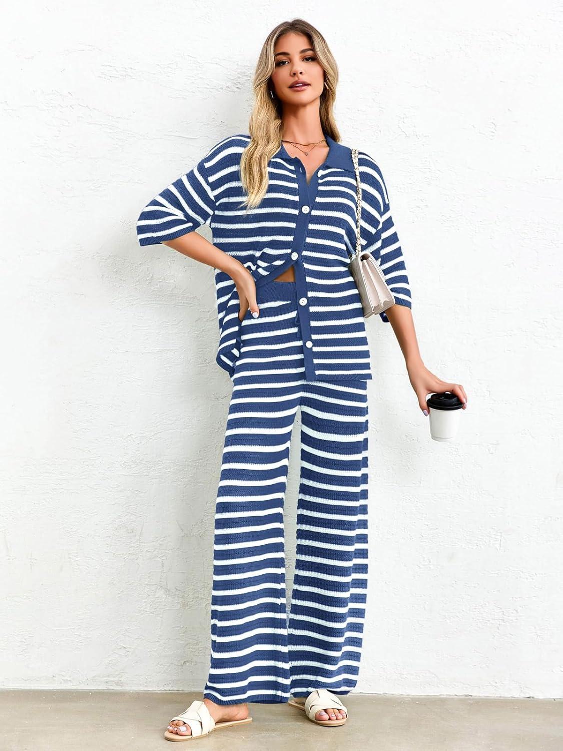 imageTankaneo Womens Knit 2 Piece Lounge Sets Striped Short Sleeve Tops and Wide Leg Pants Travel Airport Vacation OutfitsNavy