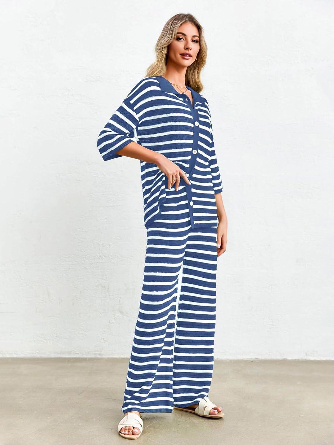 imageTankaneo Womens Knit 2 Piece Lounge Sets Striped Short Sleeve Tops and Wide Leg Pants Travel Airport Vacation OutfitsNavy