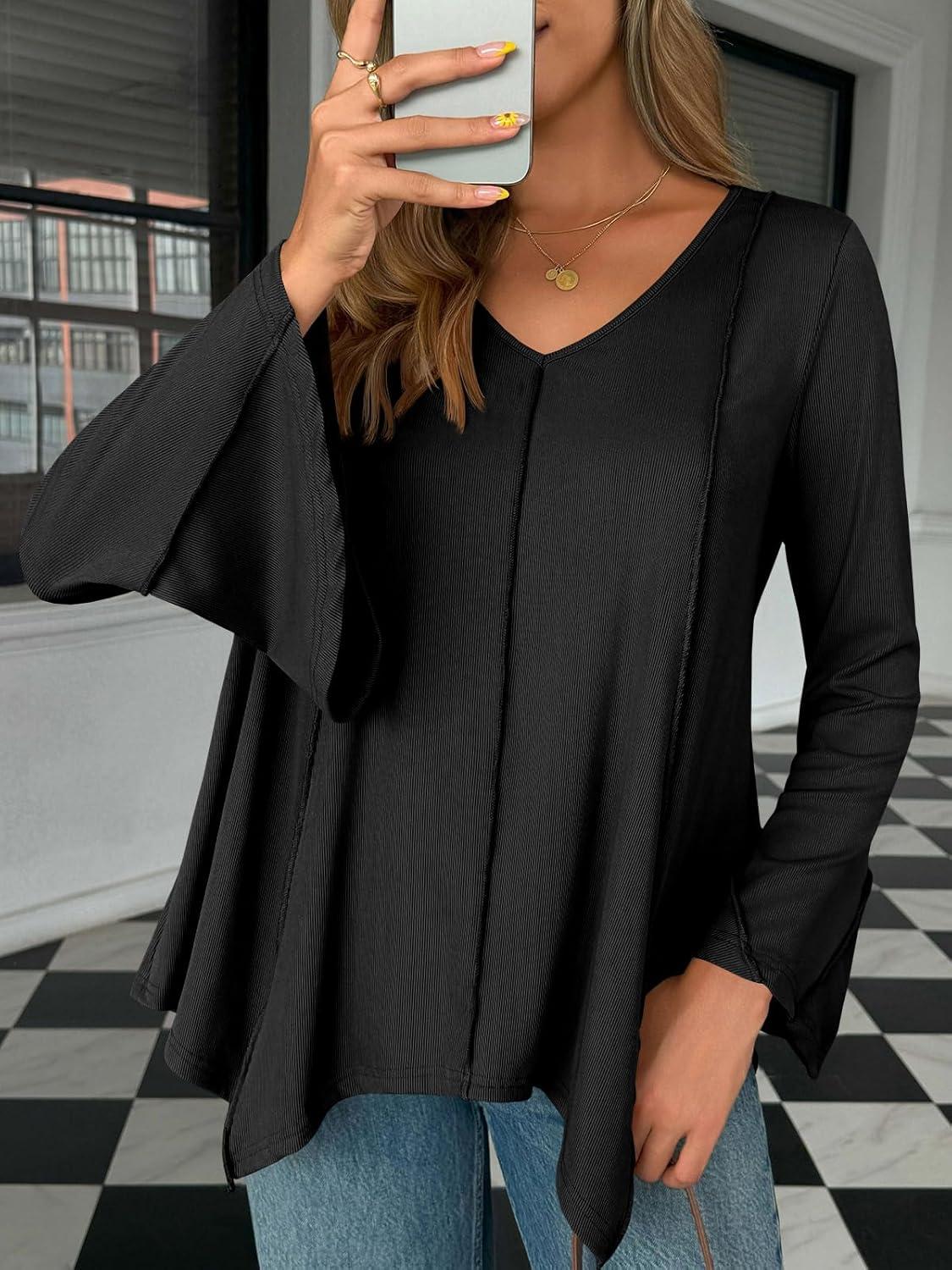 imageTankaneo Womens Long Bell Sleeve Tops V Neck Asymmetrical Hem Ribbed Shirts Flowy Trendy Loose Fit Tees Tunic ShirtsBlack