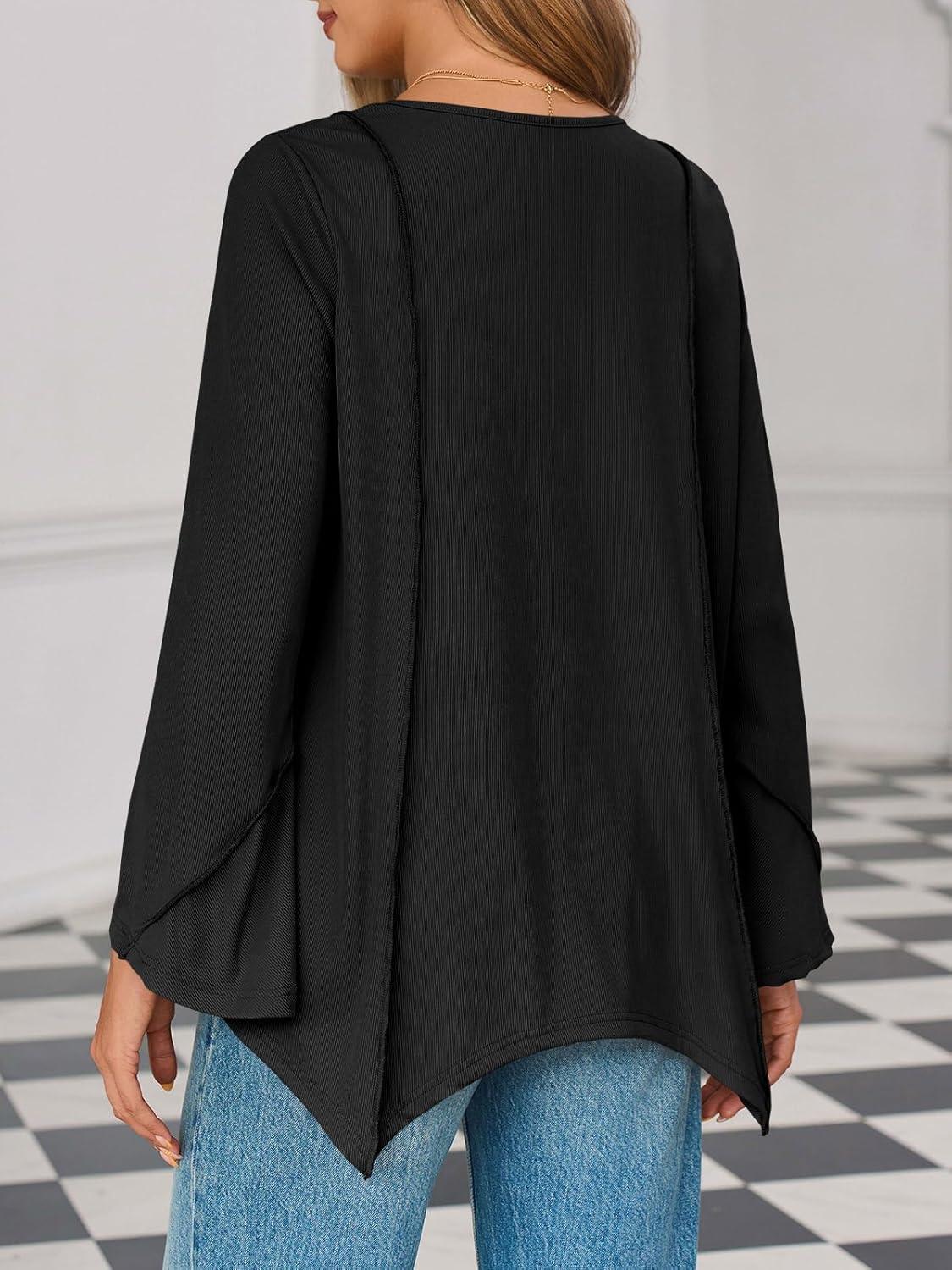 imageTankaneo Womens Long Bell Sleeve Tops V Neck Asymmetrical Hem Ribbed Shirts Flowy Trendy Loose Fit Tees Tunic ShirtsBlack