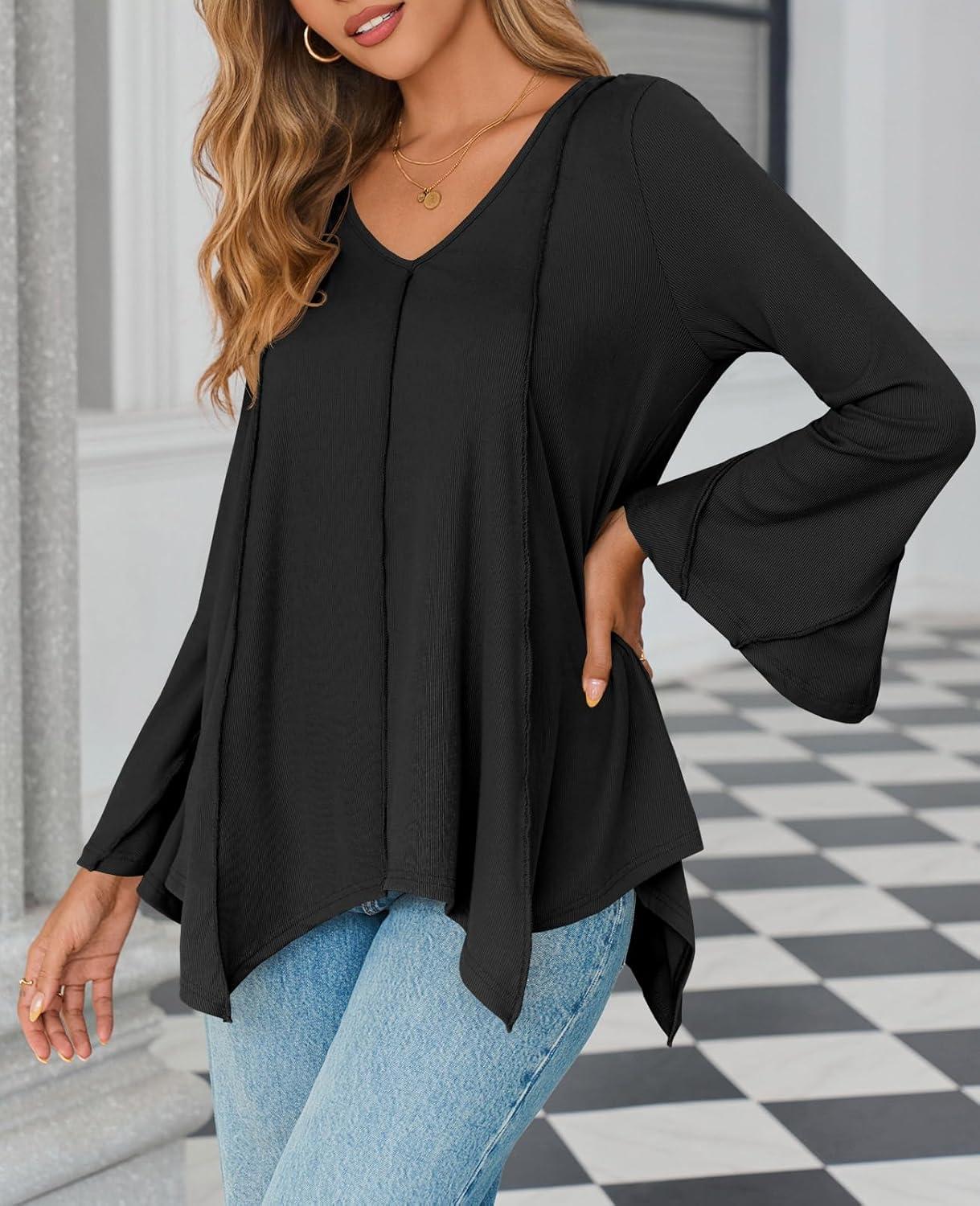 imageTankaneo Womens Long Bell Sleeve Tops V Neck Asymmetrical Hem Ribbed Shirts Flowy Trendy Loose Fit Tees Tunic ShirtsBlack