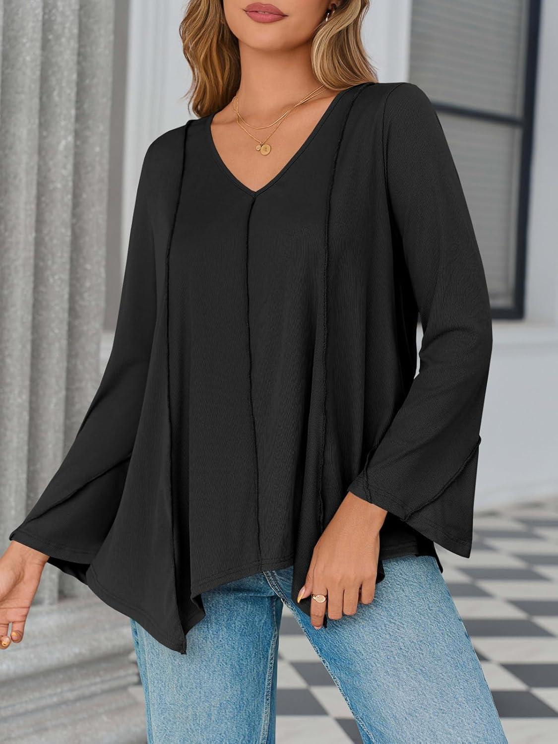 imageTankaneo Womens Long Bell Sleeve Tops V Neck Asymmetrical Hem Ribbed Shirts Flowy Trendy Loose Fit Tees Tunic ShirtsBlack