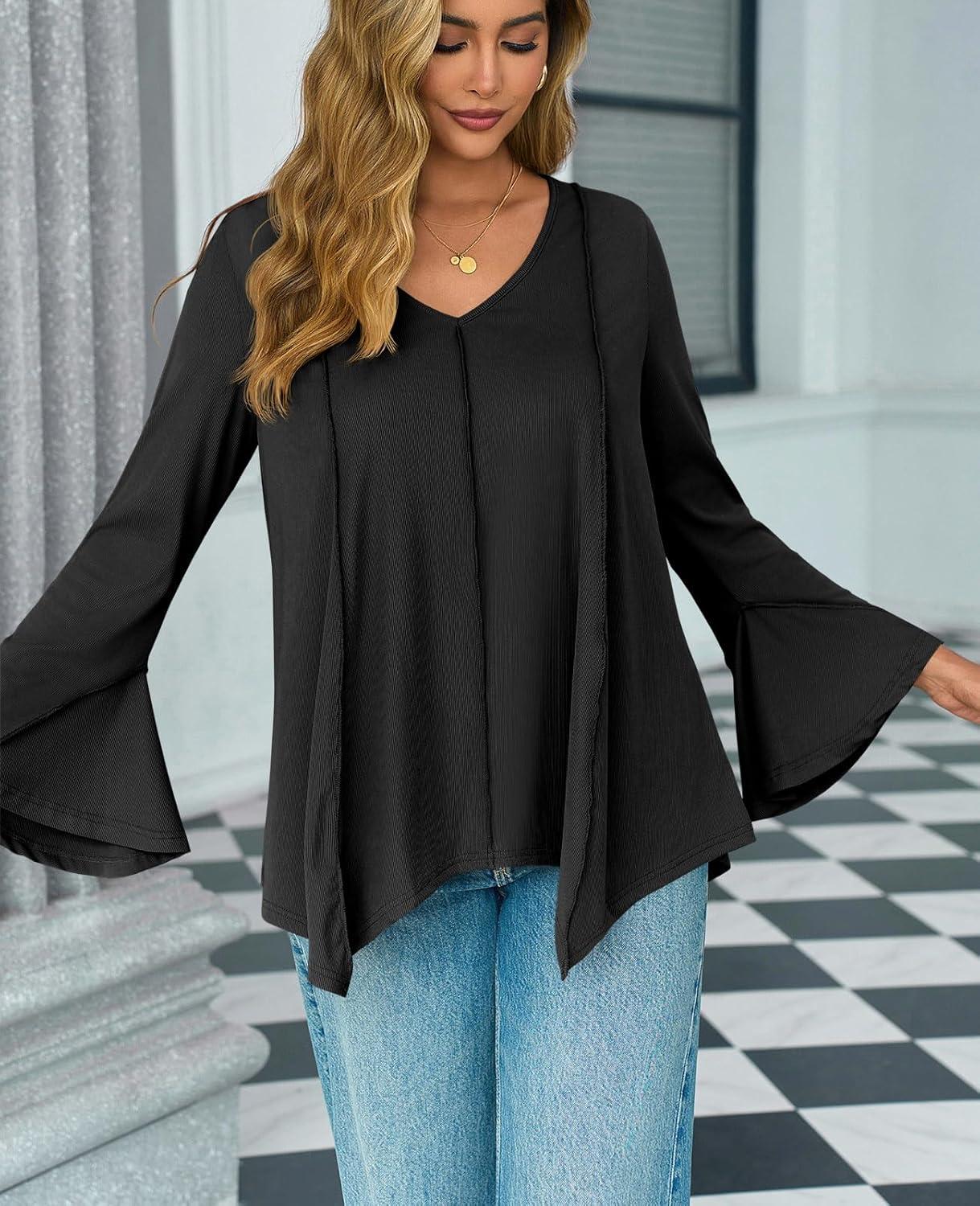 imageTankaneo Womens Long Bell Sleeve Tops V Neck Asymmetrical Hem Ribbed Shirts Flowy Trendy Loose Fit Tees Tunic ShirtsBlack