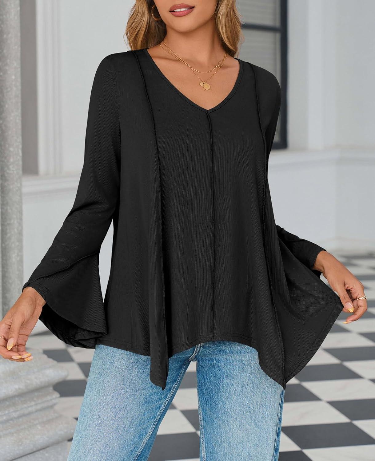 imageTankaneo Womens Long Bell Sleeve Tops V Neck Asymmetrical Hem Ribbed Shirts Flowy Trendy Loose Fit Tees Tunic ShirtsBlack