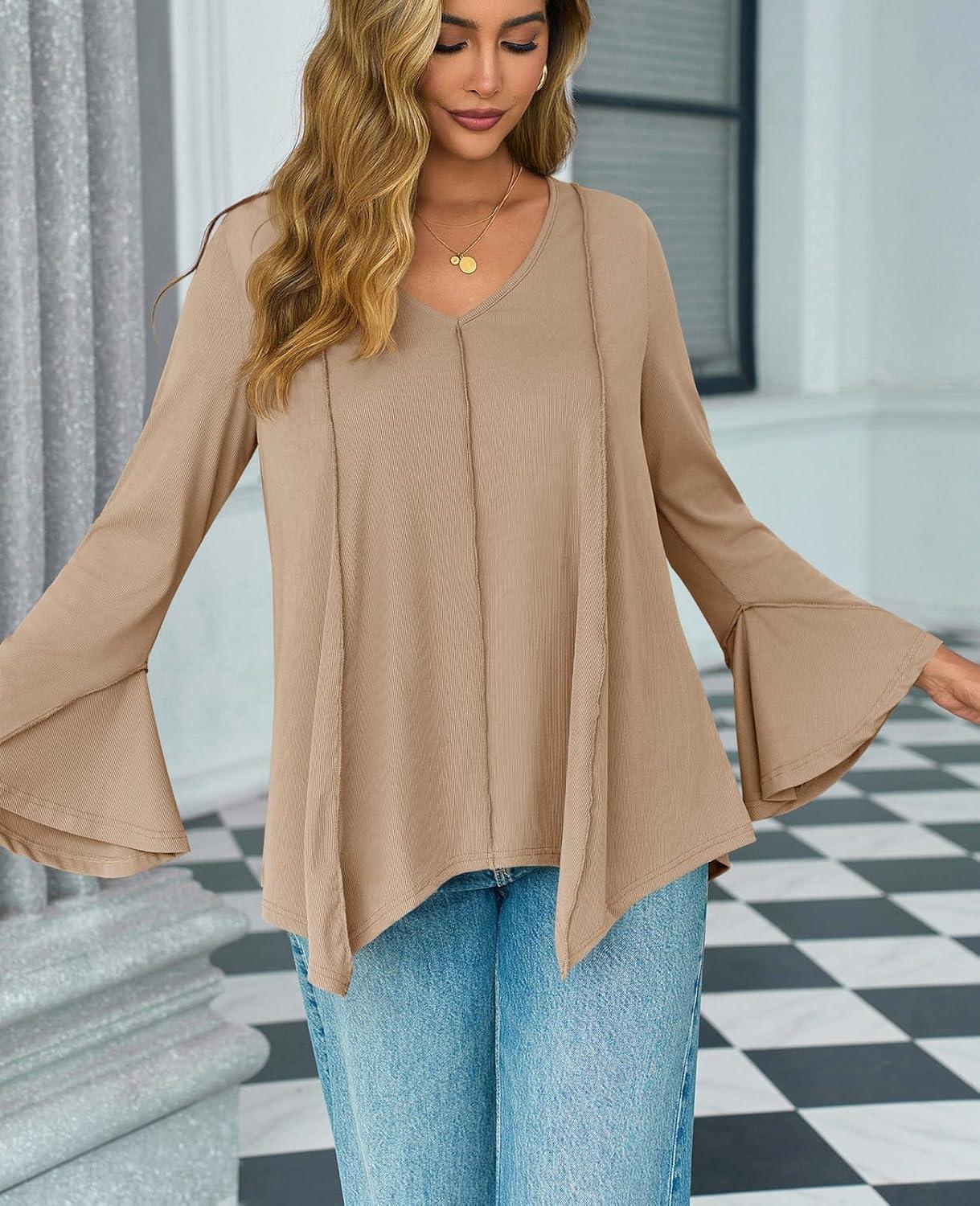 imageTankaneo Womens Long Bell Sleeve Tops V Neck Asymmetrical Hem Ribbed Shirts Flowy Trendy Loose Fit Tees Tunic ShirtsKhaki