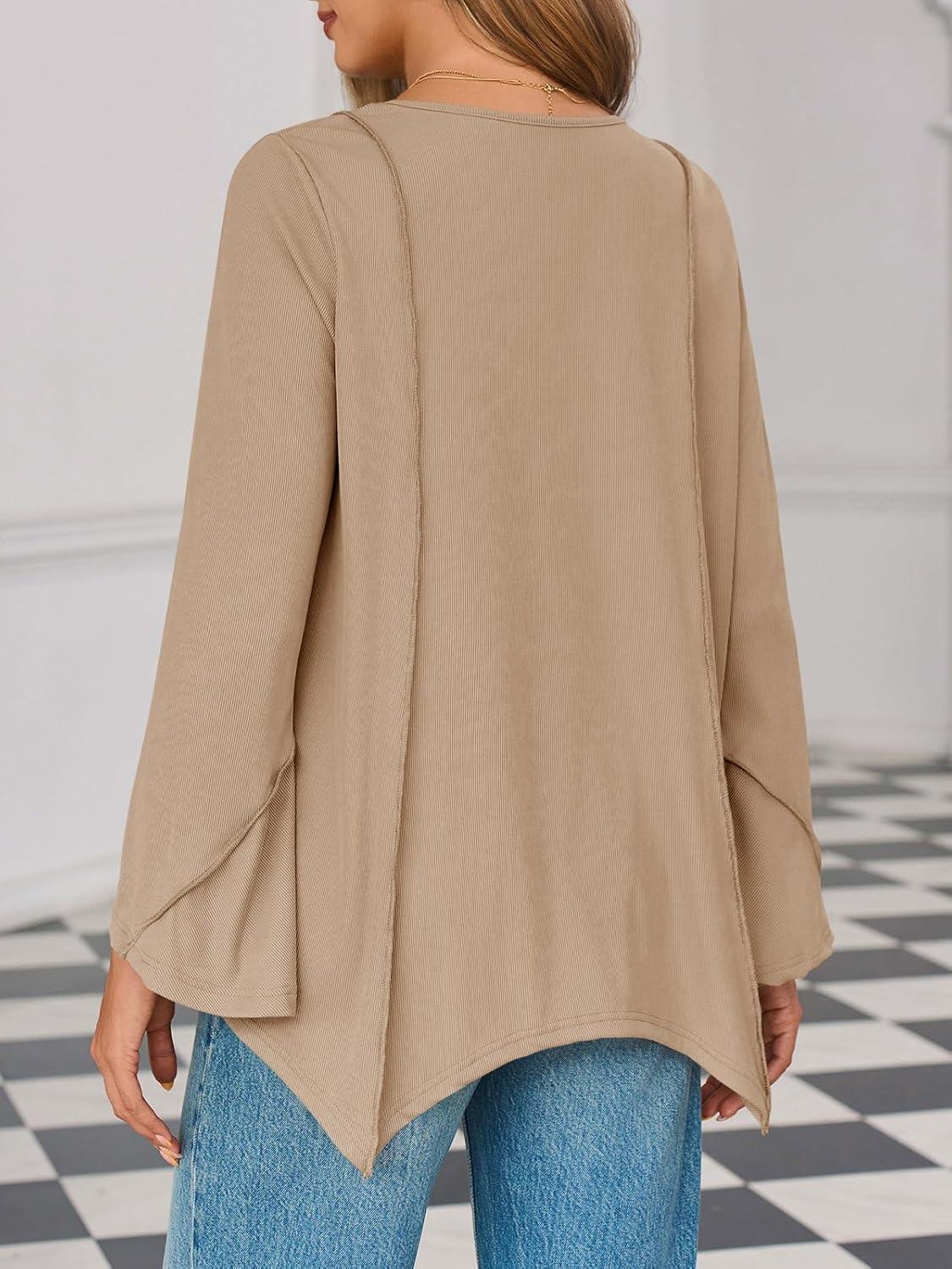 imageTankaneo Womens Long Bell Sleeve Tops V Neck Asymmetrical Hem Ribbed Shirts Flowy Trendy Loose Fit Tees Tunic ShirtsKhaki