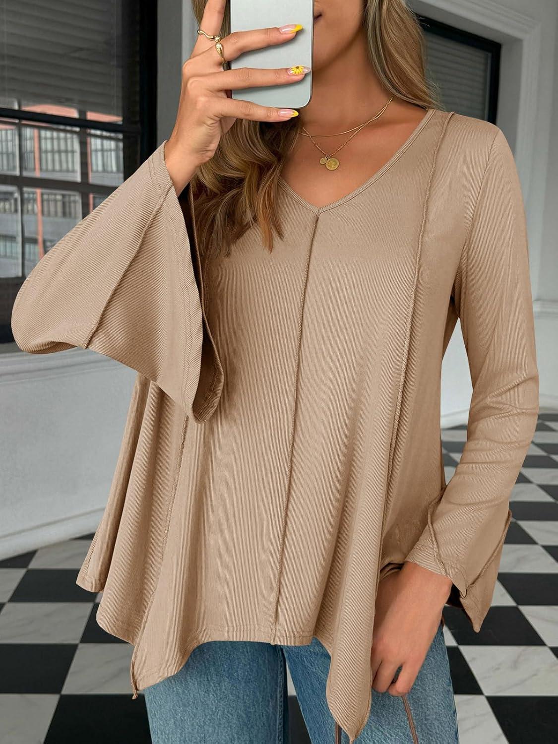 imageTankaneo Womens Long Bell Sleeve Tops V Neck Asymmetrical Hem Ribbed Shirts Flowy Trendy Loose Fit Tees Tunic ShirtsKhaki