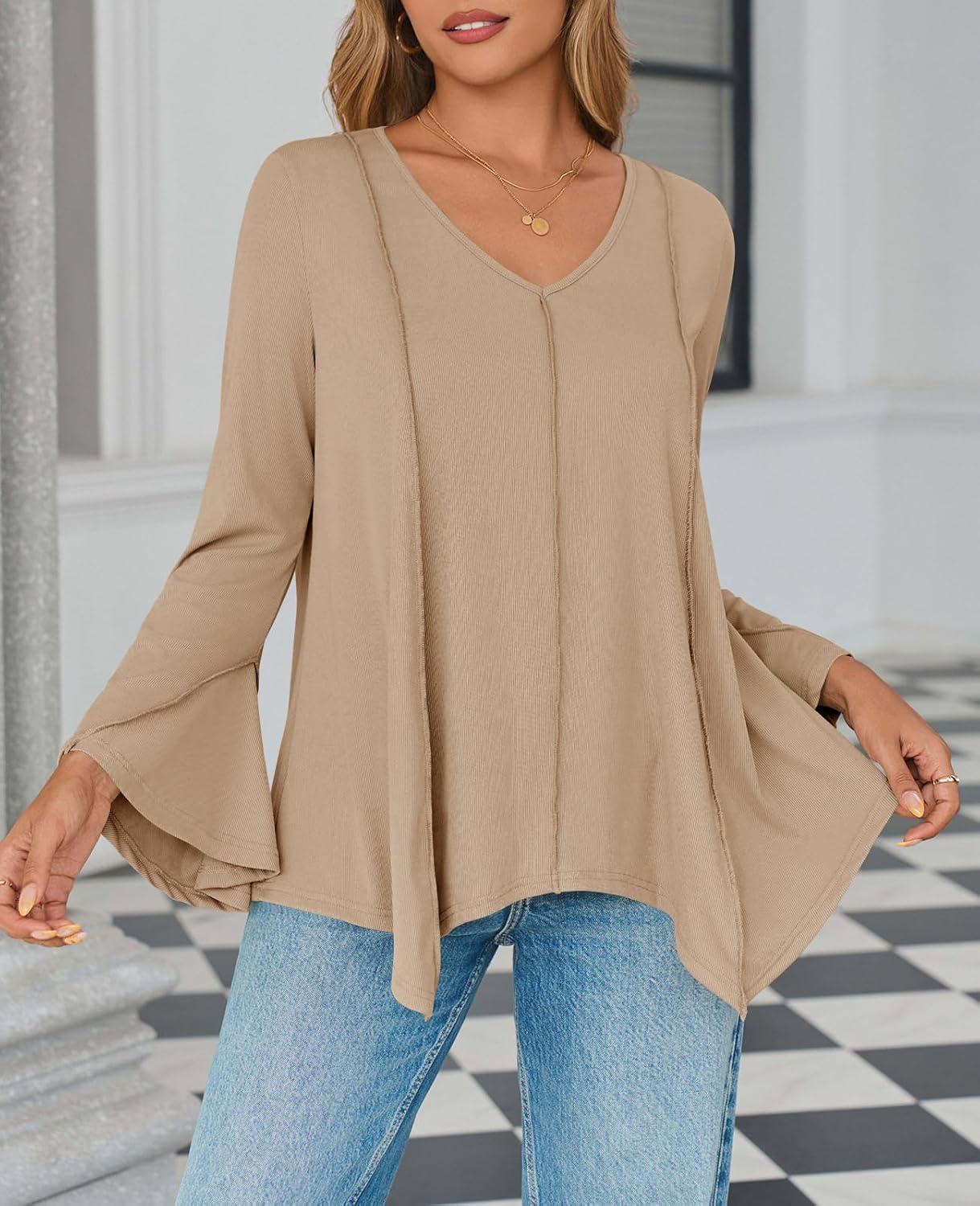 imageTankaneo Womens Long Bell Sleeve Tops V Neck Asymmetrical Hem Ribbed Shirts Flowy Trendy Loose Fit Tees Tunic ShirtsKhaki