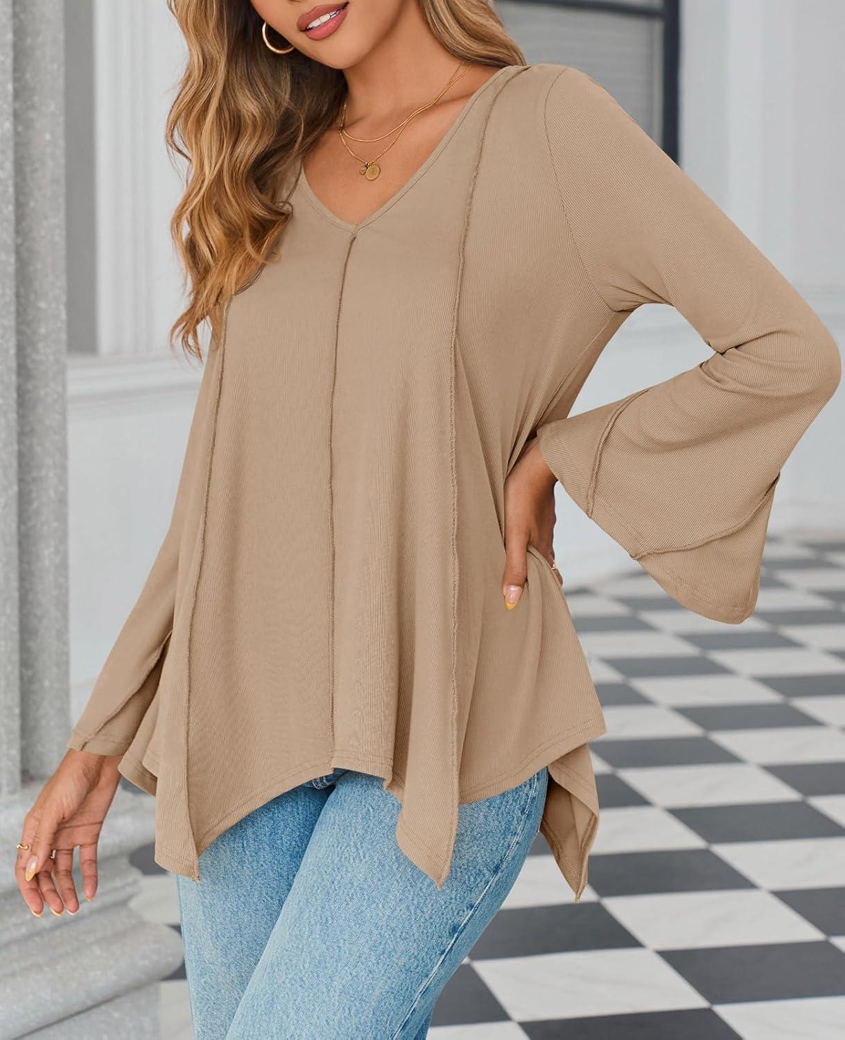 imageTankaneo Womens Long Bell Sleeve Tops V Neck Asymmetrical Hem Ribbed Shirts Flowy Trendy Loose Fit Tees Tunic ShirtsKhaki