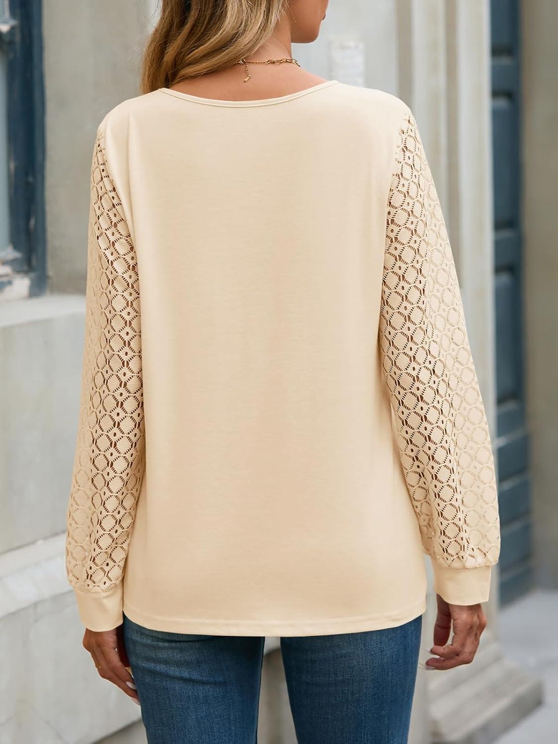 imageTankaneo Womens Long Sleeve Lace Tops Casual Eyelet Tunic Shirts Crewneck Pleated Fall BlousesBeige