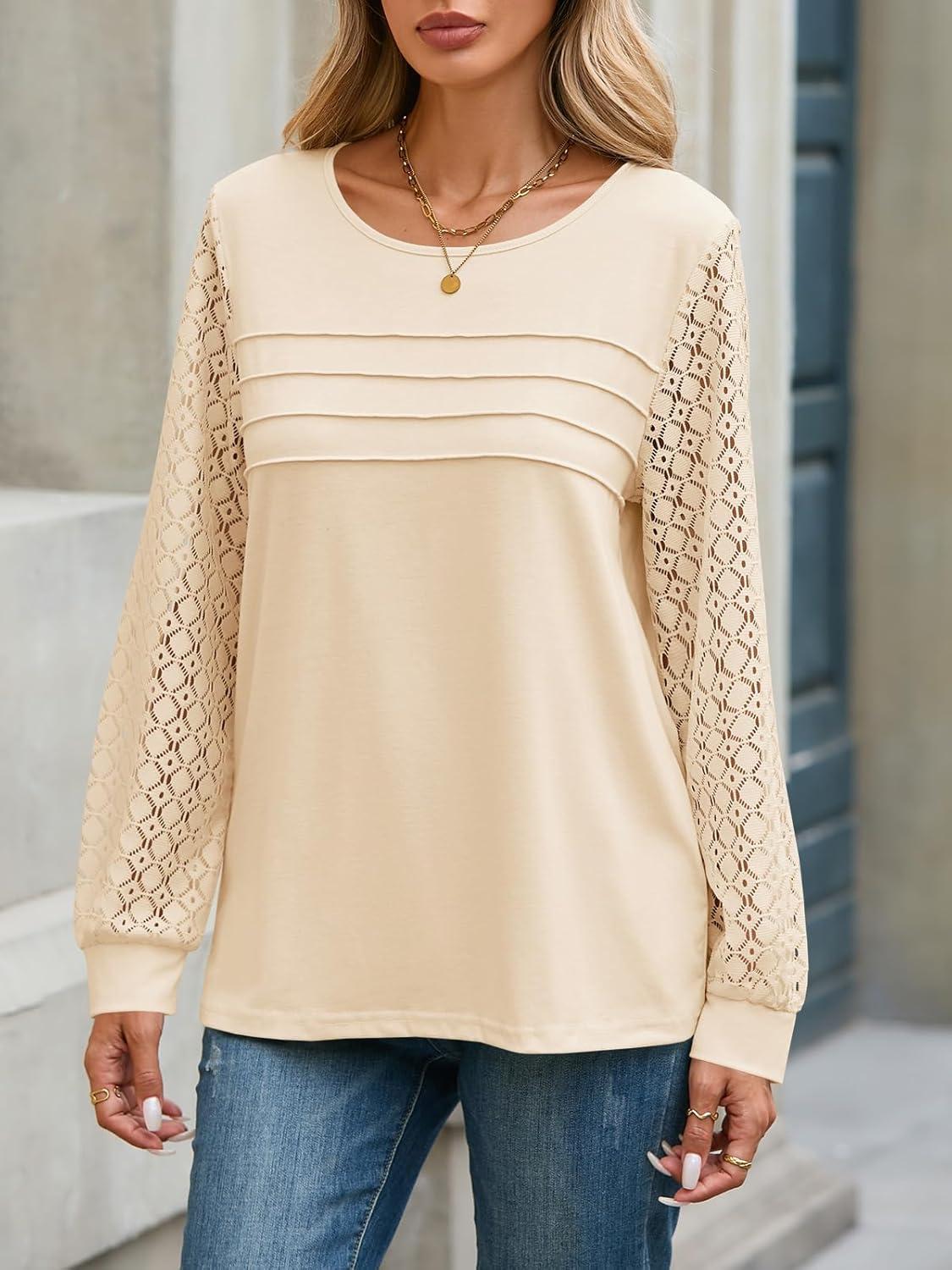 imageTankaneo Womens Long Sleeve Lace Tops Casual Eyelet Tunic Shirts Crewneck Pleated Fall BlousesBeige