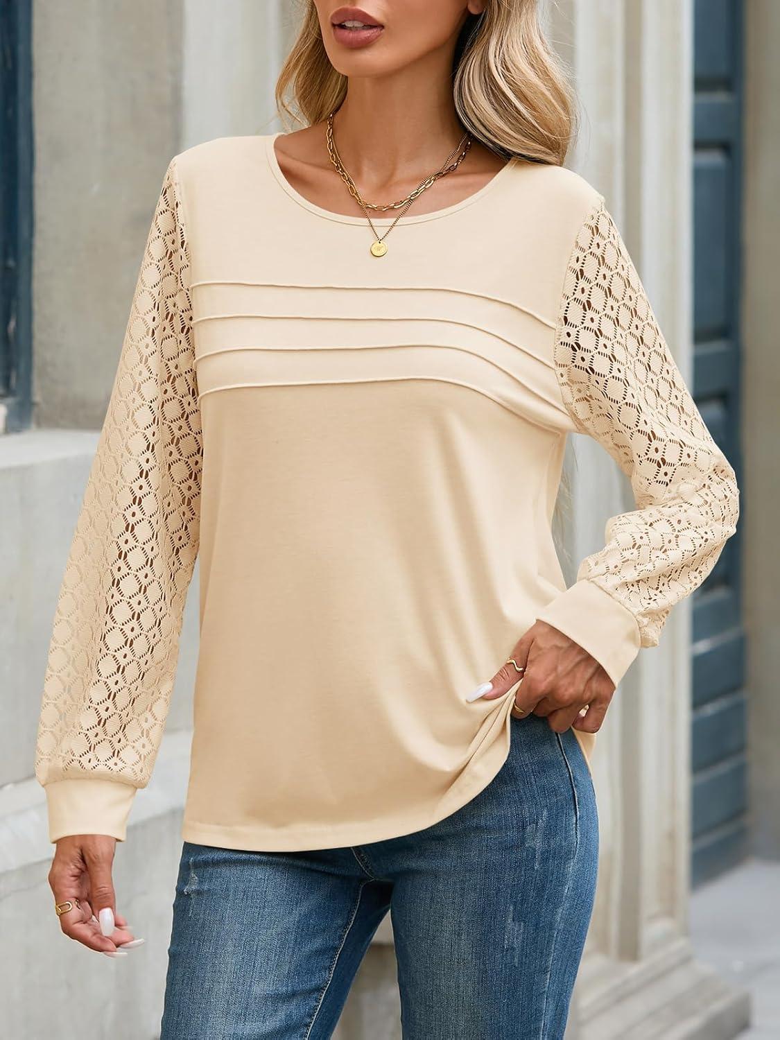 imageTankaneo Womens Long Sleeve Lace Tops Casual Eyelet Tunic Shirts Crewneck Pleated Fall BlousesBeige