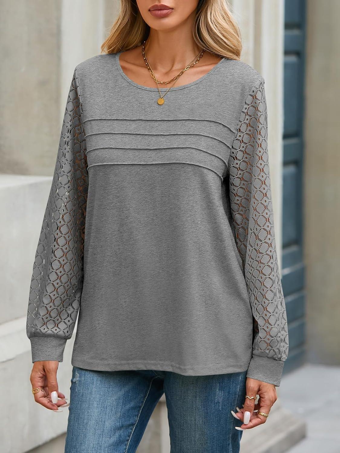 imageTankaneo Womens Long Sleeve Lace Tops Casual Eyelet Tunic Shirts Crewneck Pleated Fall BlousesGrey