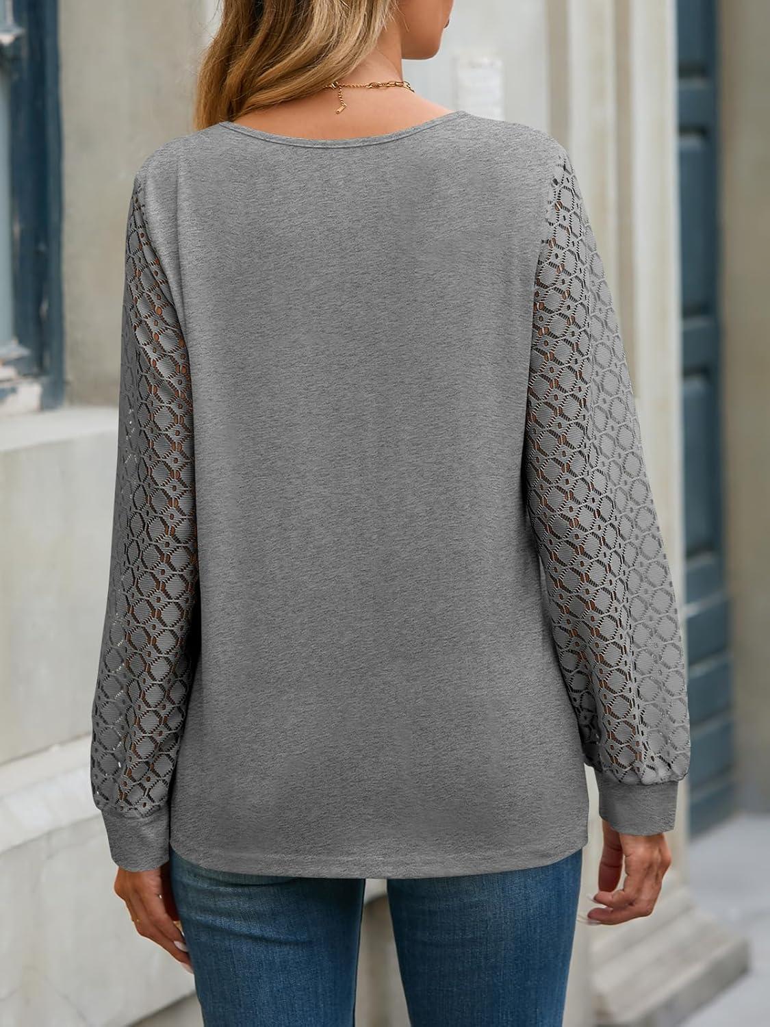 imageTankaneo Womens Long Sleeve Lace Tops Casual Eyelet Tunic Shirts Crewneck Pleated Fall BlousesGrey