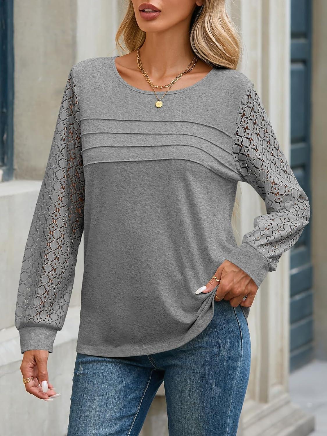 imageTankaneo Womens Long Sleeve Lace Tops Casual Eyelet Tunic Shirts Crewneck Pleated Fall BlousesGrey