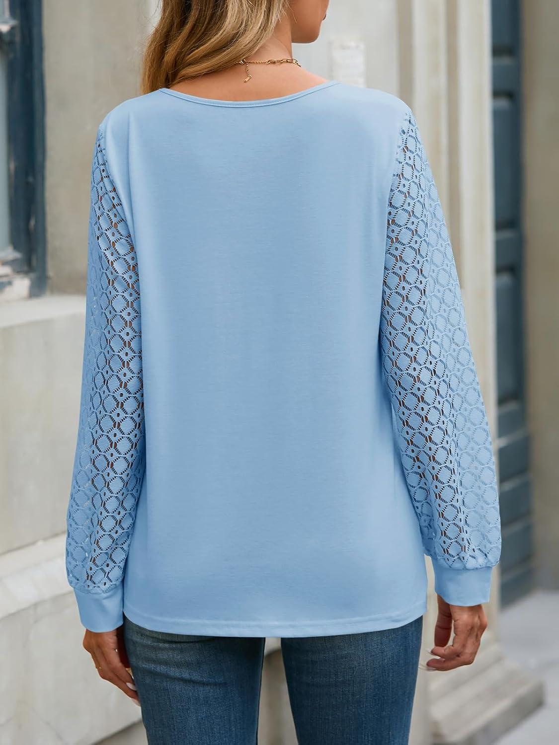 imageTankaneo Womens Long Sleeve Lace Tops Casual Eyelet Tunic Shirts Crewneck Pleated Fall BlousesLight Blue