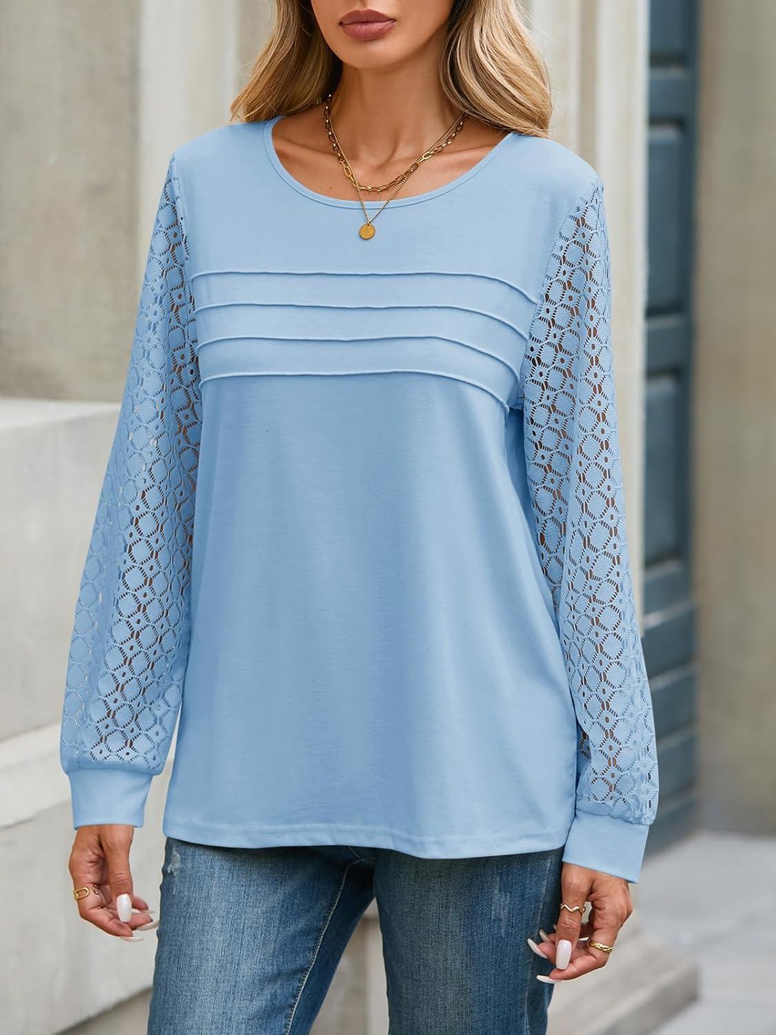 imageTankaneo Womens Long Sleeve Lace Tops Casual Eyelet Tunic Shirts Crewneck Pleated Fall BlousesLight Blue