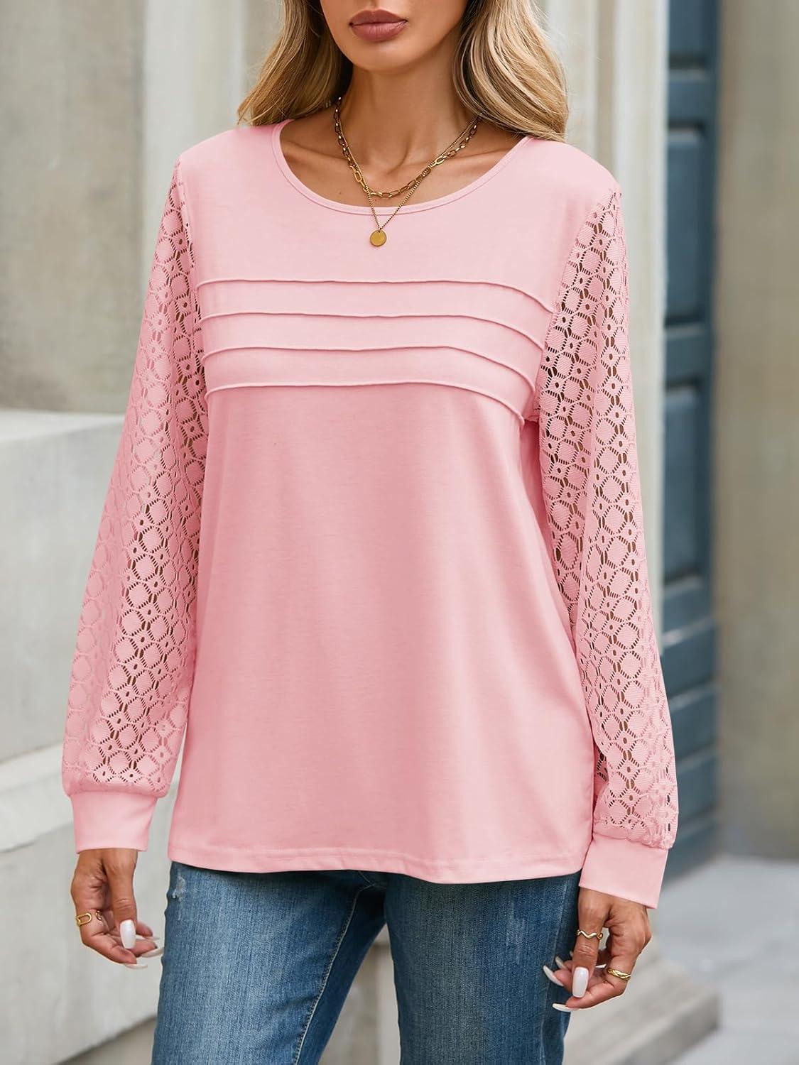 imageTankaneo Womens Long Sleeve Lace Tops Casual Eyelet Tunic Shirts Crewneck Pleated Fall BlousesPink