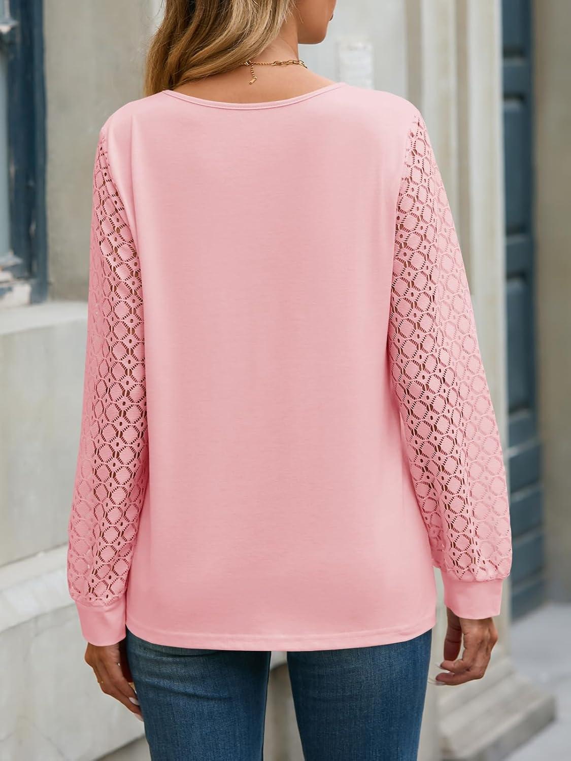 imageTankaneo Womens Long Sleeve Lace Tops Casual Eyelet Tunic Shirts Crewneck Pleated Fall BlousesPink