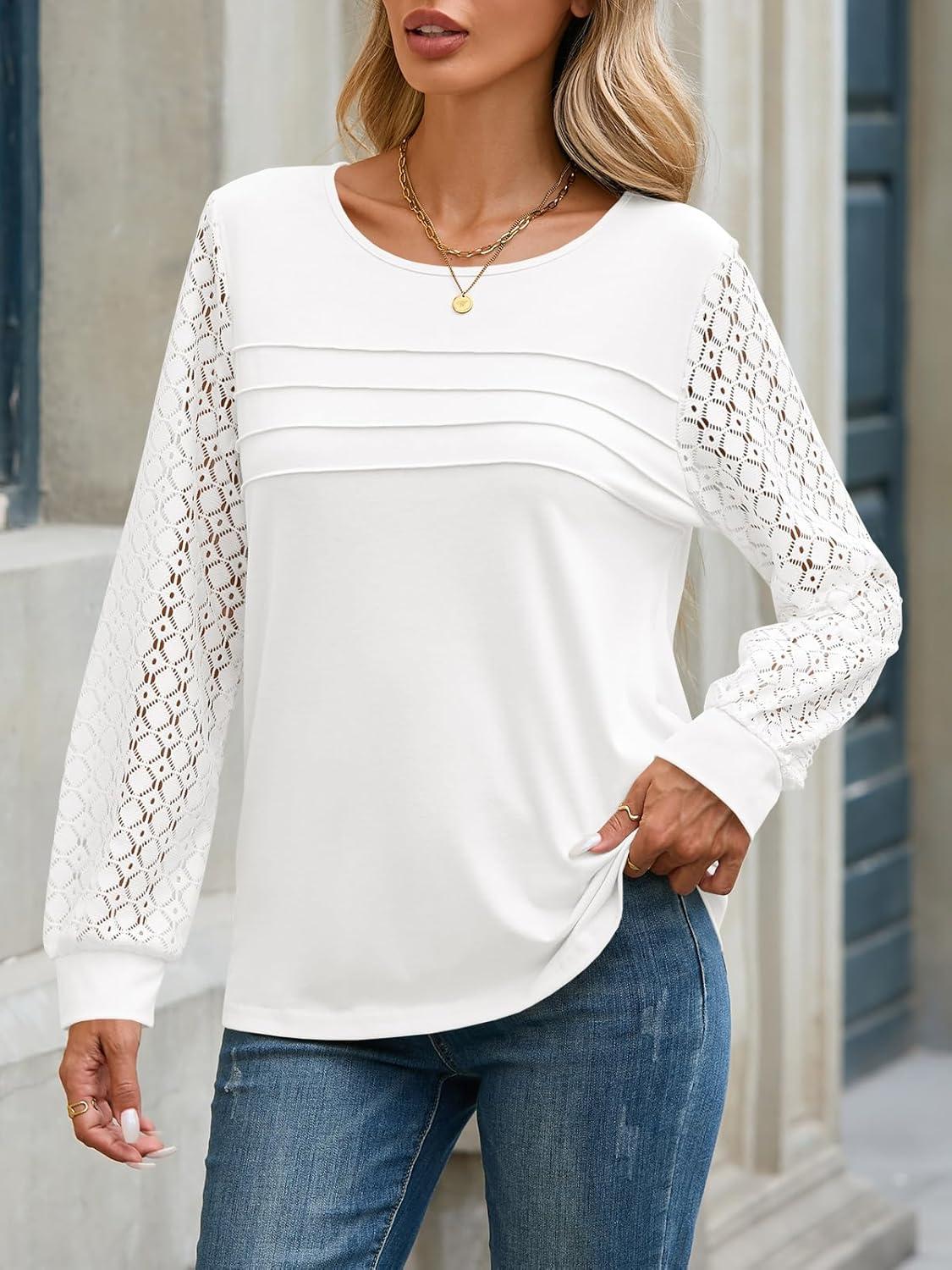 imageTankaneo Womens Long Sleeve Lace Tops Casual Eyelet Tunic Shirts Crewneck Pleated Fall BlousesWhite