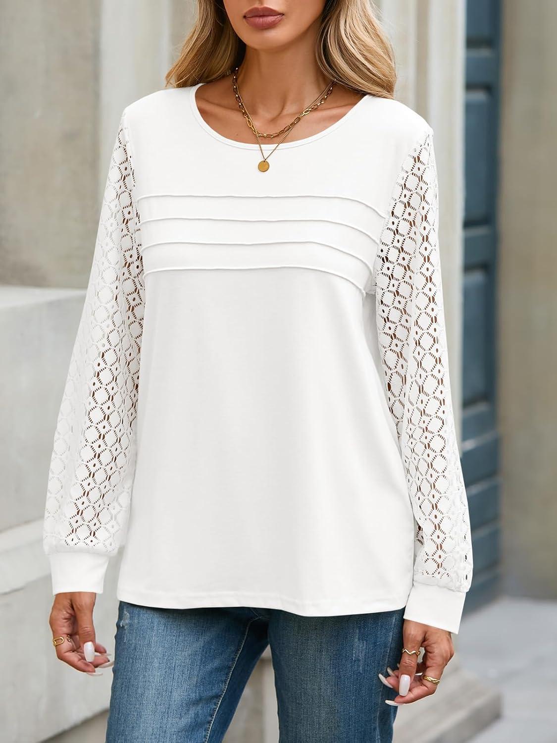 imageTankaneo Womens Long Sleeve Lace Tops Casual Eyelet Tunic Shirts Crewneck Pleated Fall BlousesWhite