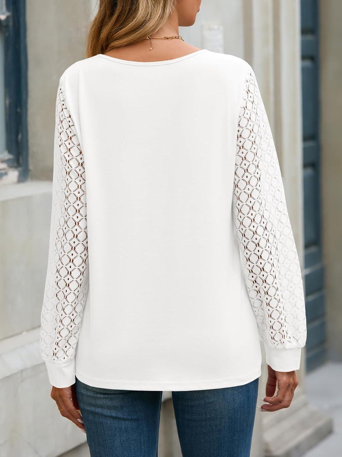 imageTankaneo Womens Long Sleeve Lace Tops Casual Eyelet Tunic Shirts Crewneck Pleated Fall BlousesWhite