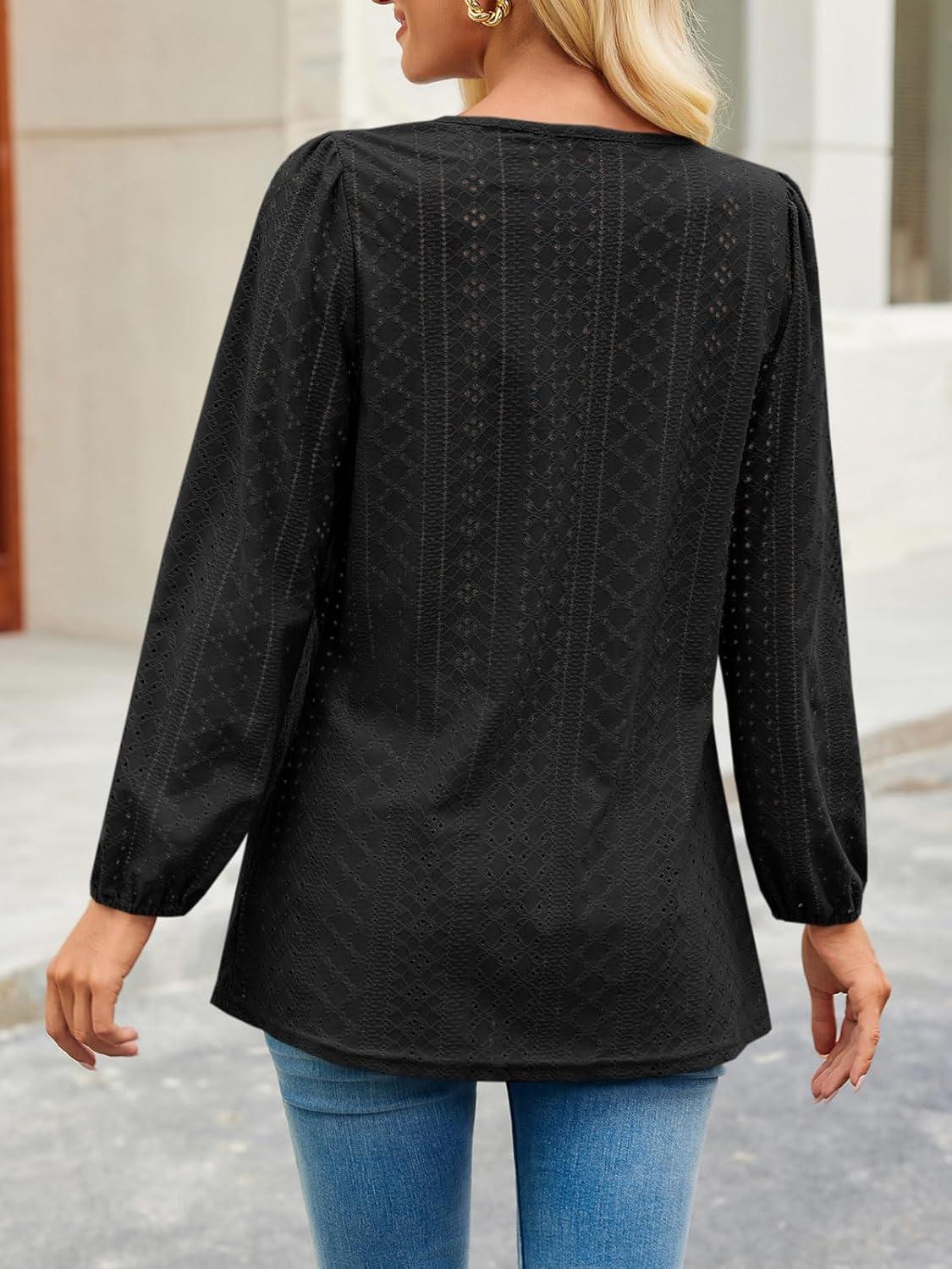 imageTankaneo Womens Long Sleeve Shirts V Neck Loose Fit Tunic Tops Babydoll Peplum Top Flowy Dressy Casual Blouse Eyelet TShirtBlack