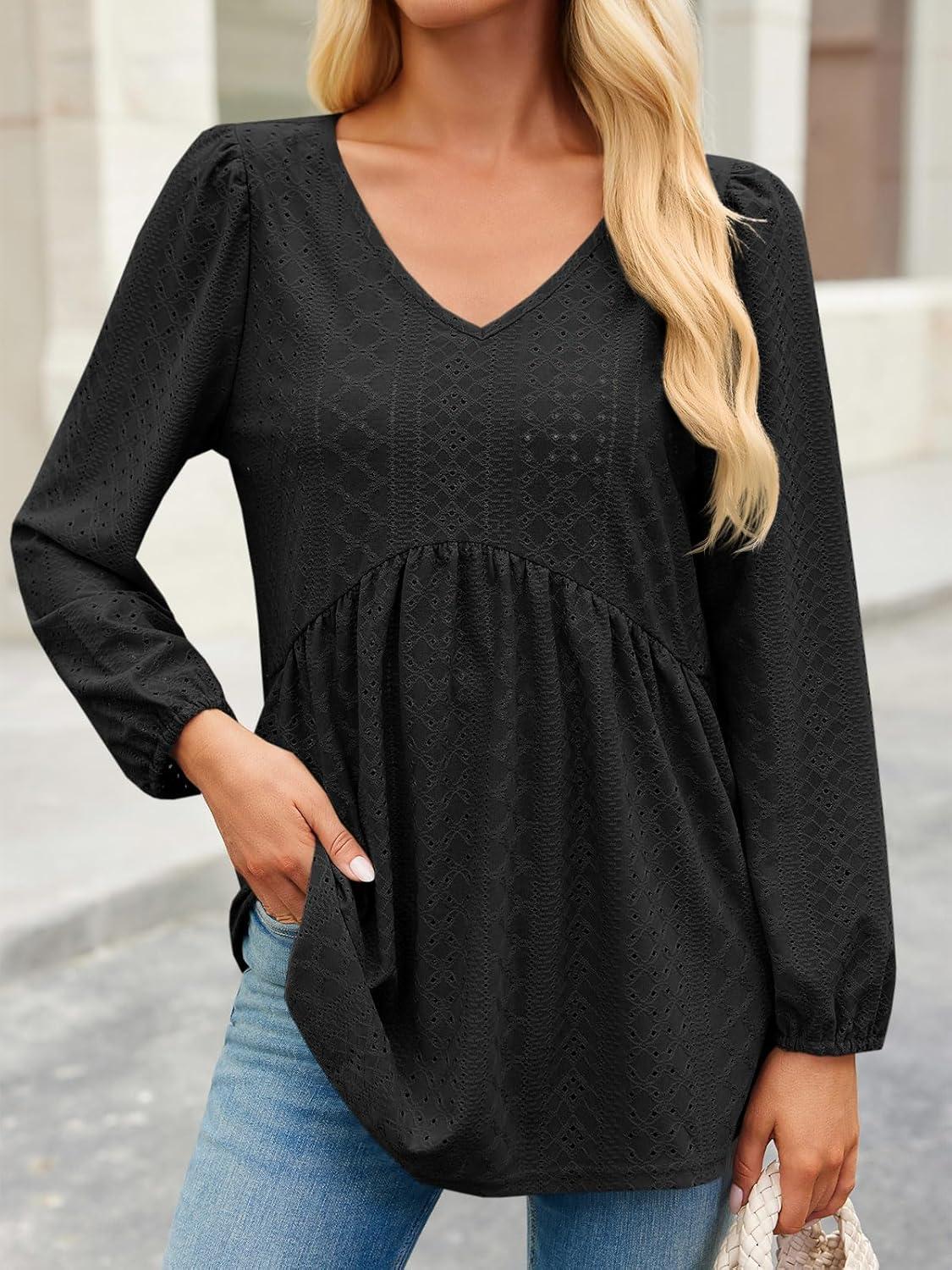 imageTankaneo Womens Long Sleeve Shirts V Neck Loose Fit Tunic Tops Babydoll Peplum Top Flowy Dressy Casual Blouse Eyelet TShirtBlack