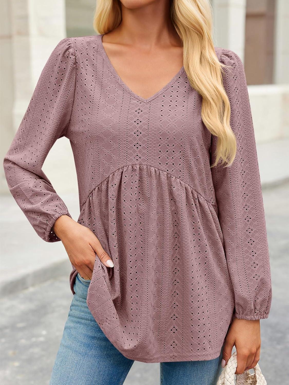 imageTankaneo Womens Long Sleeve Shirts V Neck Loose Fit Tunic Tops Babydoll Peplum Top Flowy Dressy Casual Blouse Eyelet TShirtDark Pink