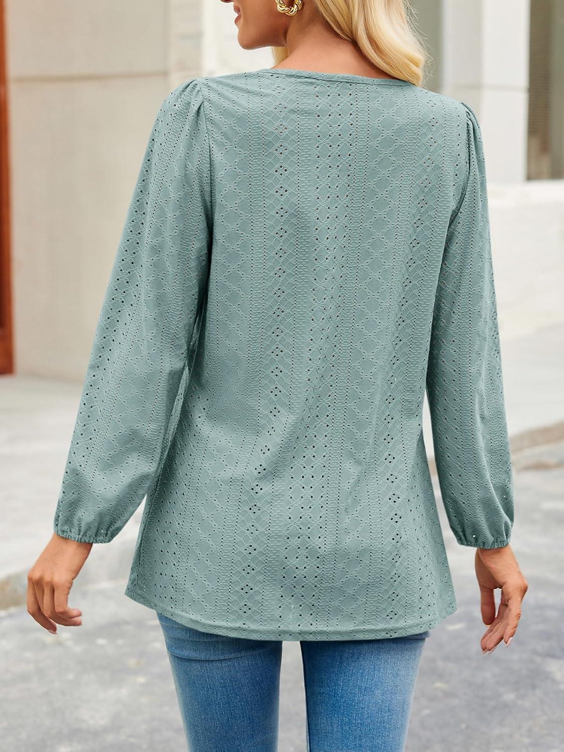 imageTankaneo Womens Long Sleeve Shirts V Neck Loose Fit Tunic Tops Babydoll Peplum Top Flowy Dressy Casual Blouse Eyelet TShirtGreen