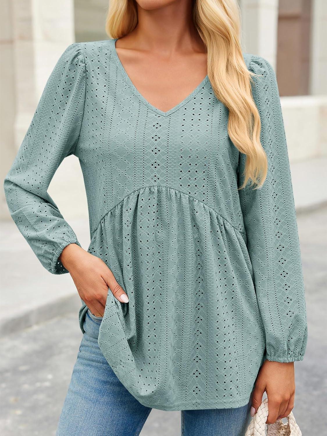 imageTankaneo Womens Long Sleeve Shirts V Neck Loose Fit Tunic Tops Babydoll Peplum Top Flowy Dressy Casual Blouse Eyelet TShirtGreen