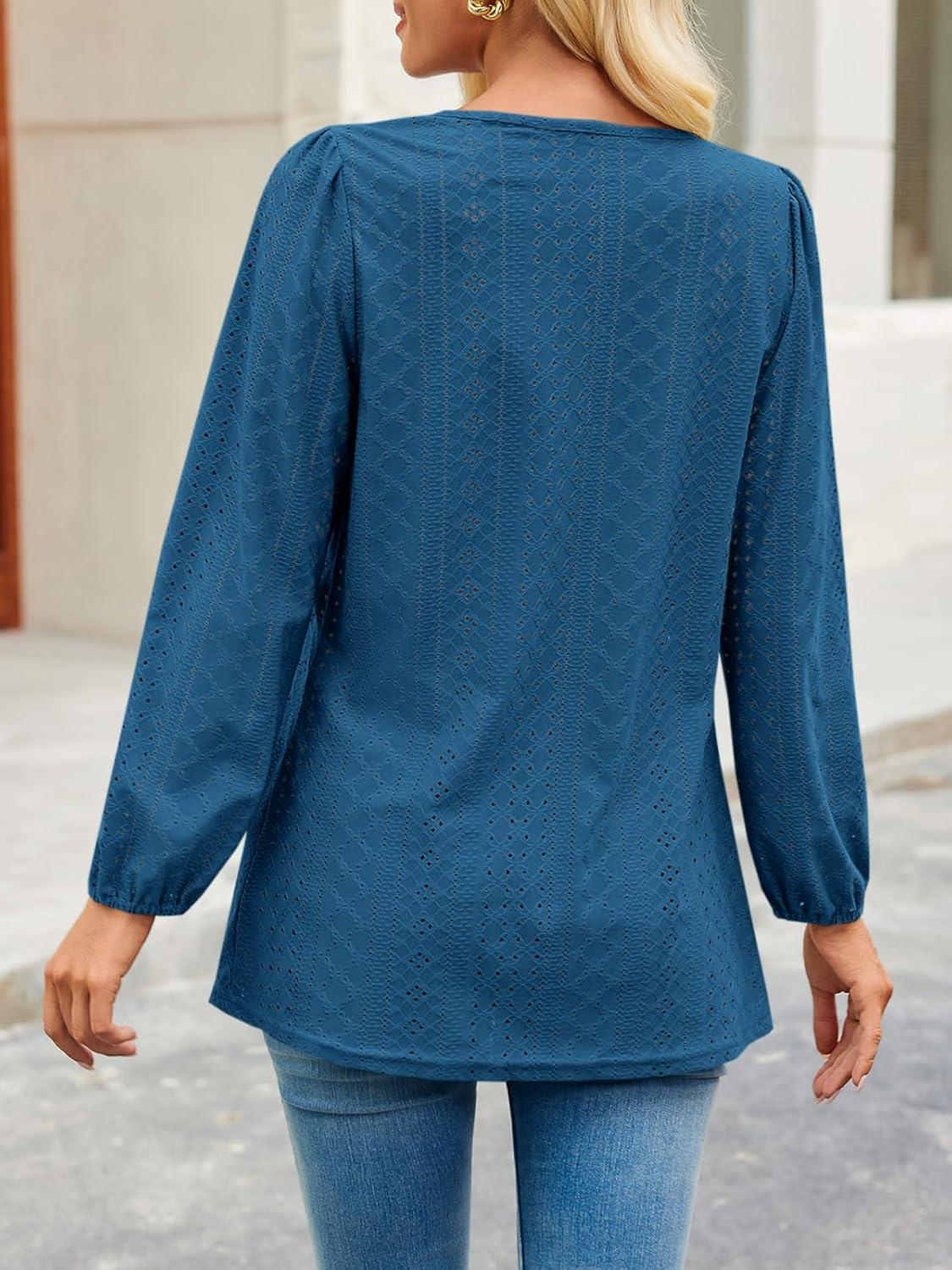 imageTankaneo Womens Long Sleeve Shirts V Neck Loose Fit Tunic Tops Babydoll Peplum Top Flowy Dressy Casual Blouse Eyelet TShirtNavy