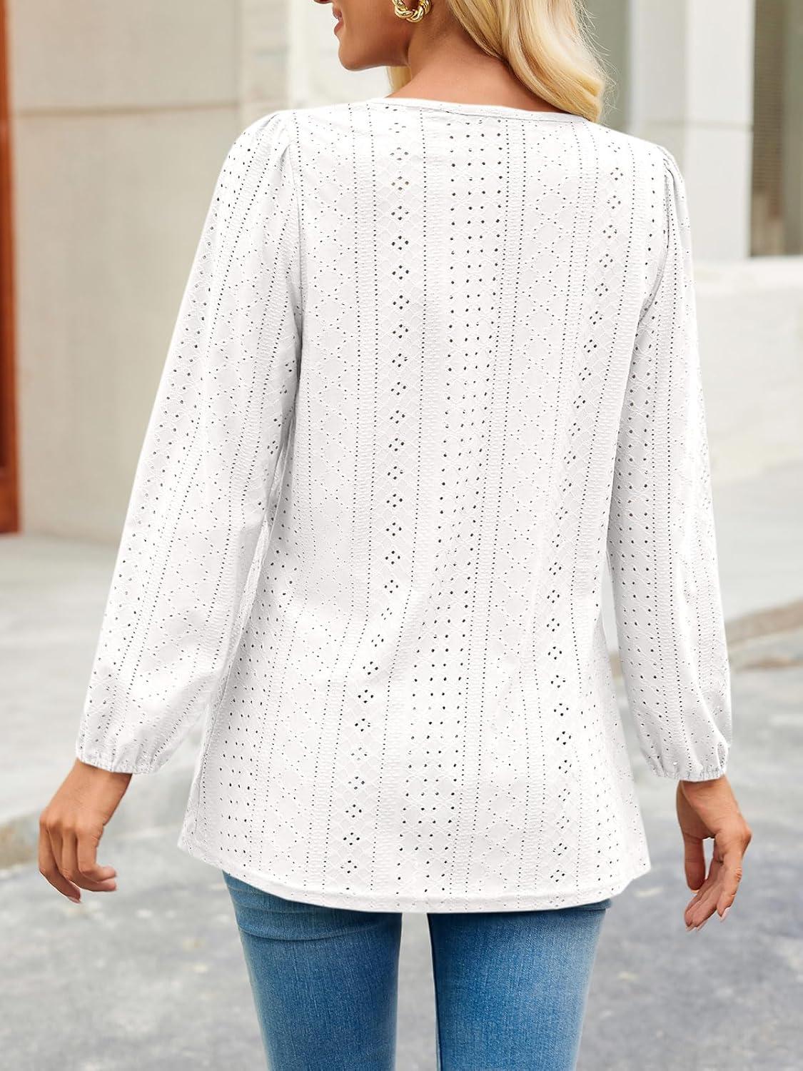 imageTankaneo Womens Long Sleeve Shirts V Neck Loose Fit Tunic Tops Babydoll Peplum Top Flowy Dressy Casual Blouse Eyelet TShirtWhite