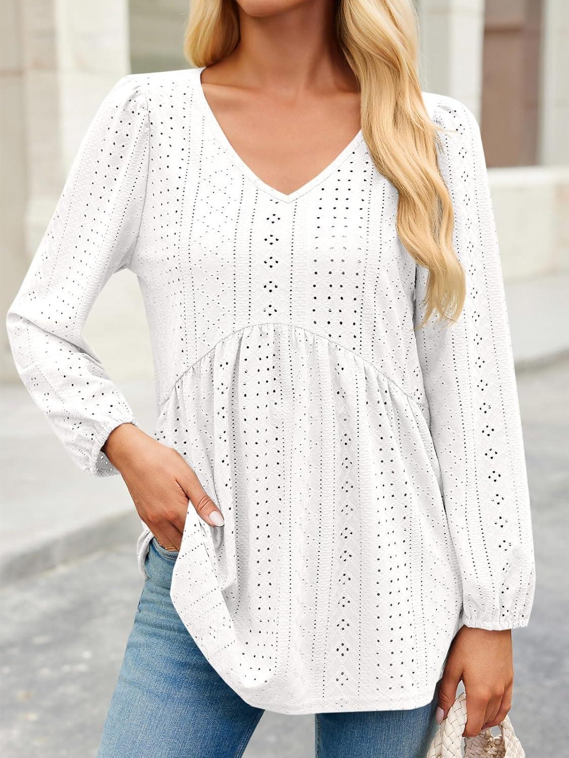 imageTankaneo Womens Long Sleeve Shirts V Neck Loose Fit Tunic Tops Babydoll Peplum Top Flowy Dressy Casual Blouse Eyelet TShirtWhite