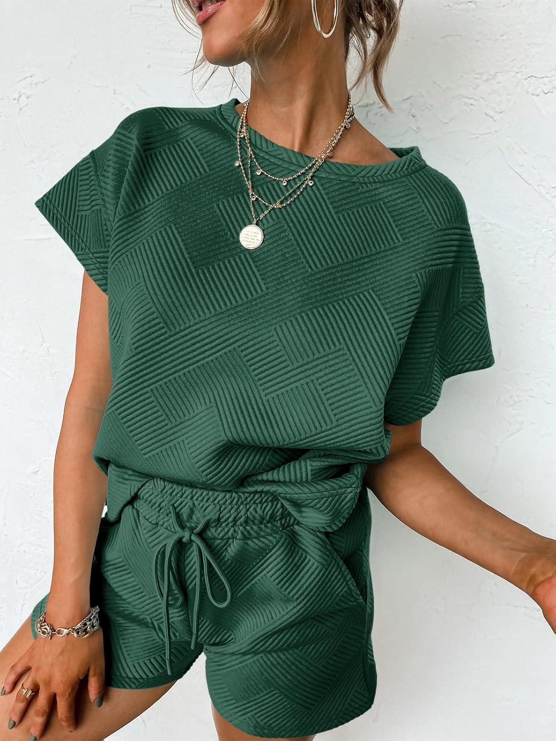 imageTankaneo Womens Loungewear Set Short Sleeve Tops and Shorts 2 Piece Outfits Matching Lounge Pajama Set with PocketsDark Green